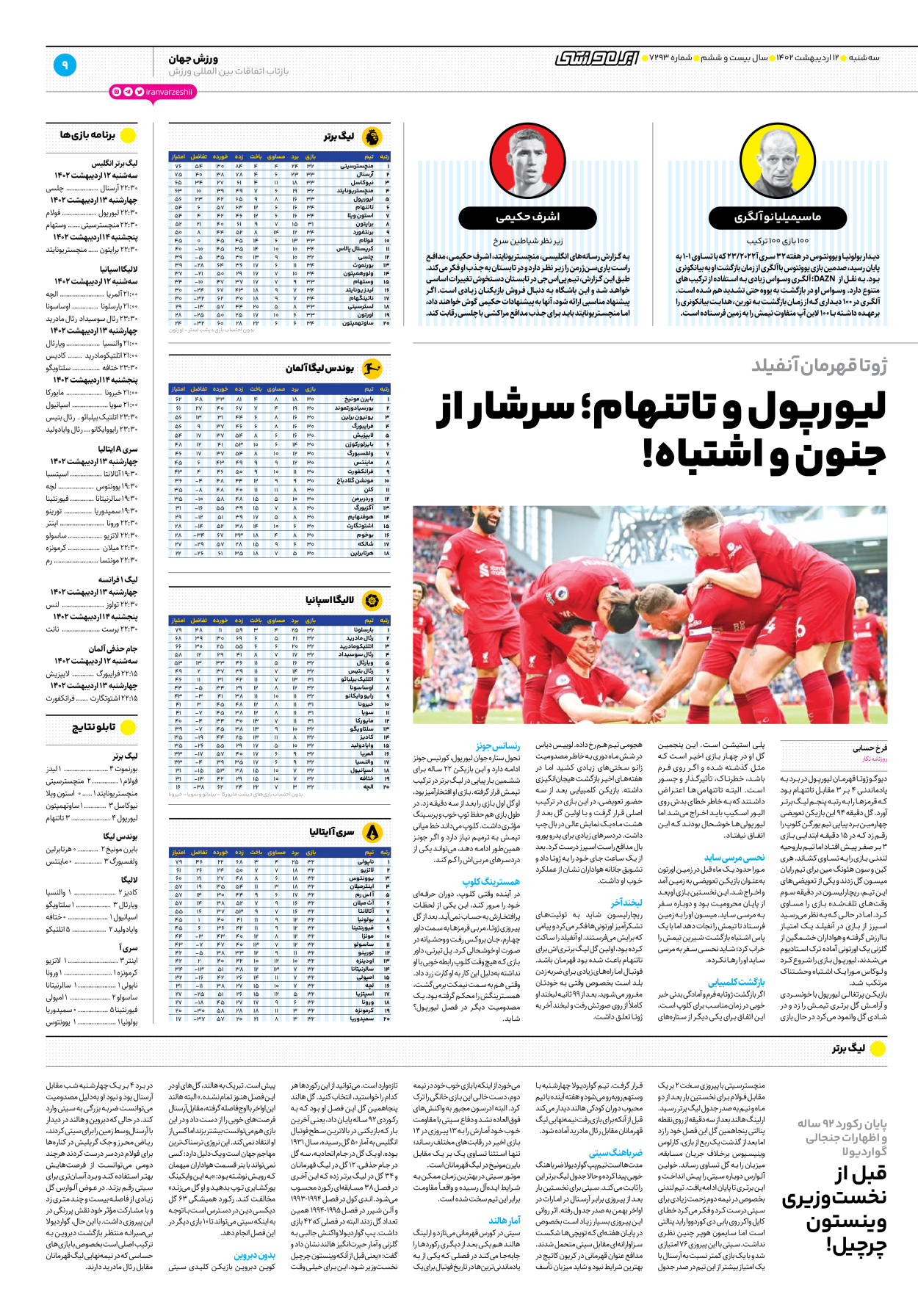 روزنامه ایران ورزشی - شماره هفت هزار و دویست و نود و سه - ۱۲ اردیبهشت ۱۴۰۲ - صفحه ۹