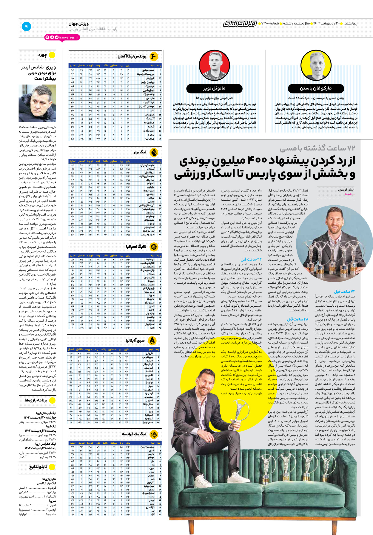 روزنامه ایران ورزشی - شماره هفت هزار و سیصد - ۲۰ اردیبهشت ۱۴۰۲ - صفحه ۹