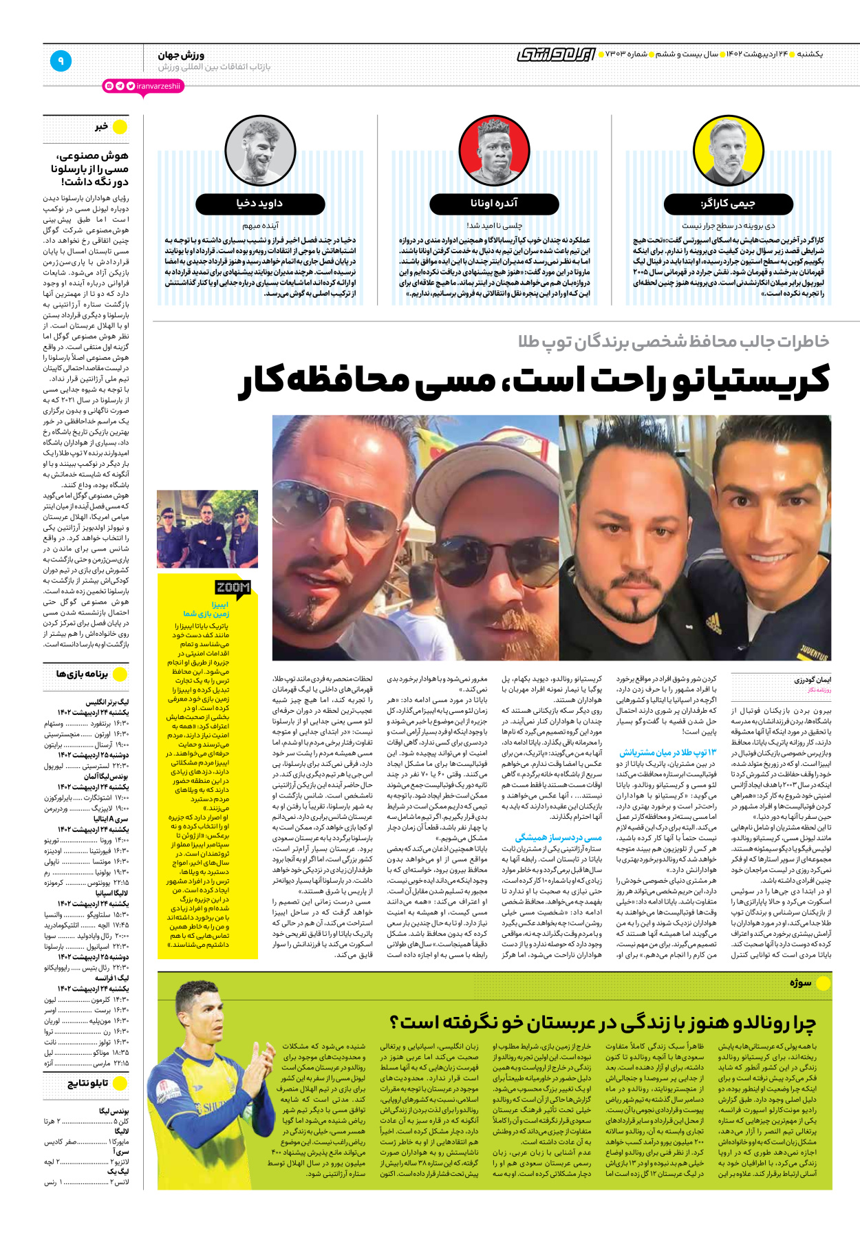روزنامه ایران ورزشی - شماره هفت هزار و سیصد و سه - ۲۴ اردیبهشت ۱۴۰۲ - صفحه ۹