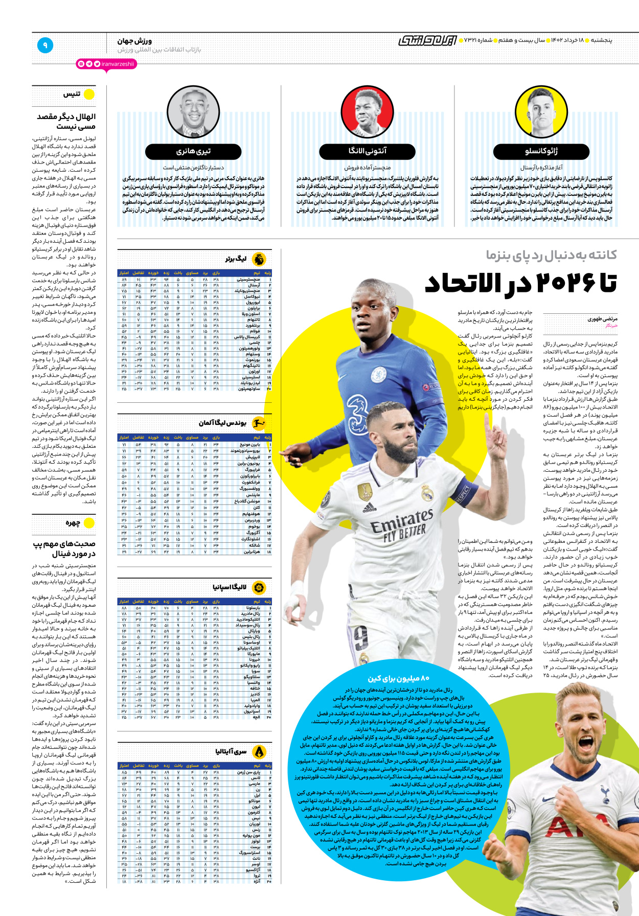 روزنامه ایران ورزشی - شماره هفت هزار و سیصد و بیست و یک - ۱۸ خرداد ۱۴۰۲ - صفحه ۹