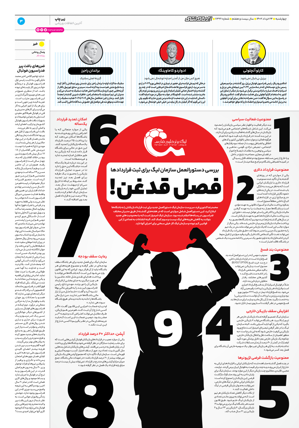 روزنامه ایران ورزشی - شماره هفت هزار و سیصد و بیست و شش - ۲۴ خرداد ۱۴۰۲ - صفحه ۳