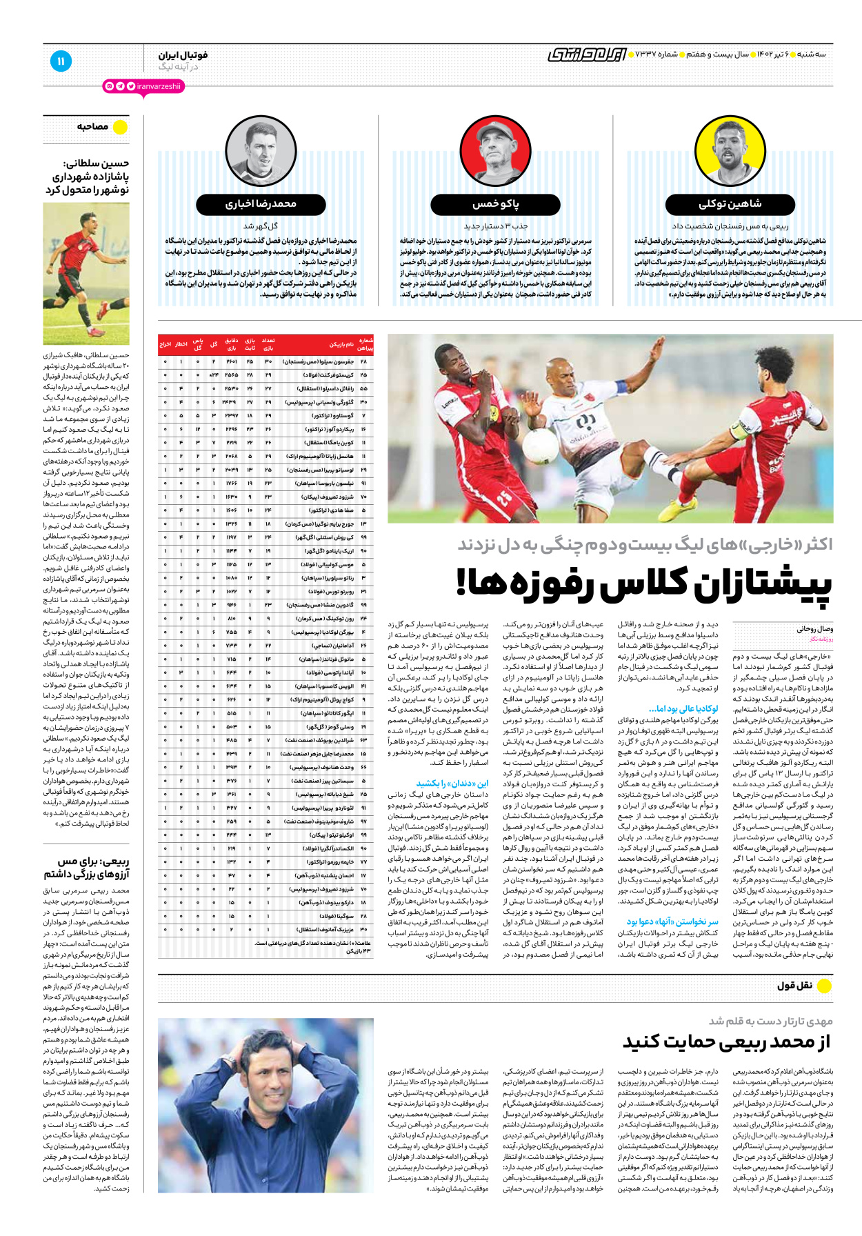 روزنامه ایران ورزشی - شماره هفت هزار و سیصد و سی و هفت - ۰۶ تیر ۱۴۰۲ - صفحه ۱۱