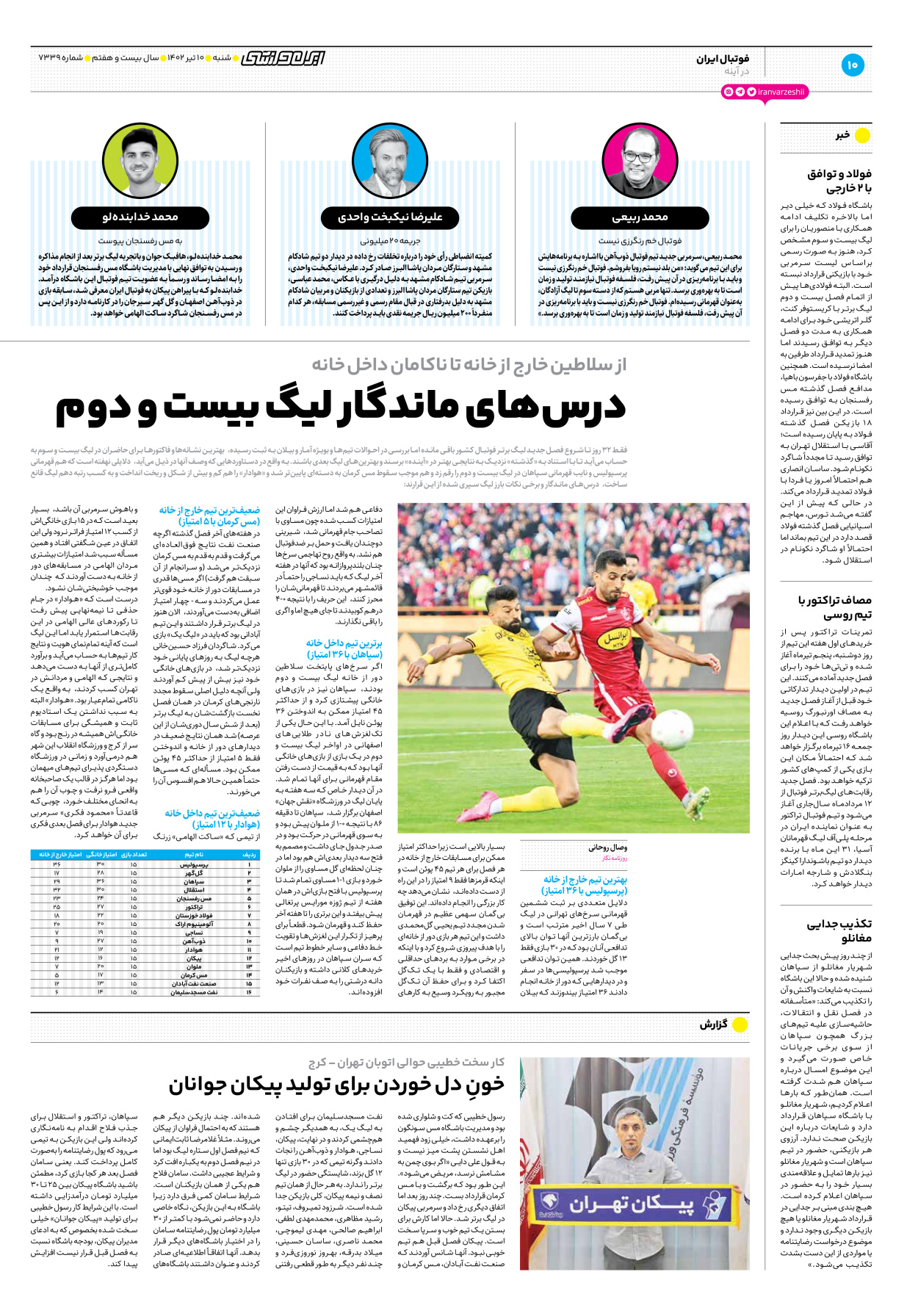 روزنامه ایران ورزشی - شماره هفت هزار و سیصد و سی و نه - ۱۰ تیر ۱۴۰۲ - صفحه ۱۰