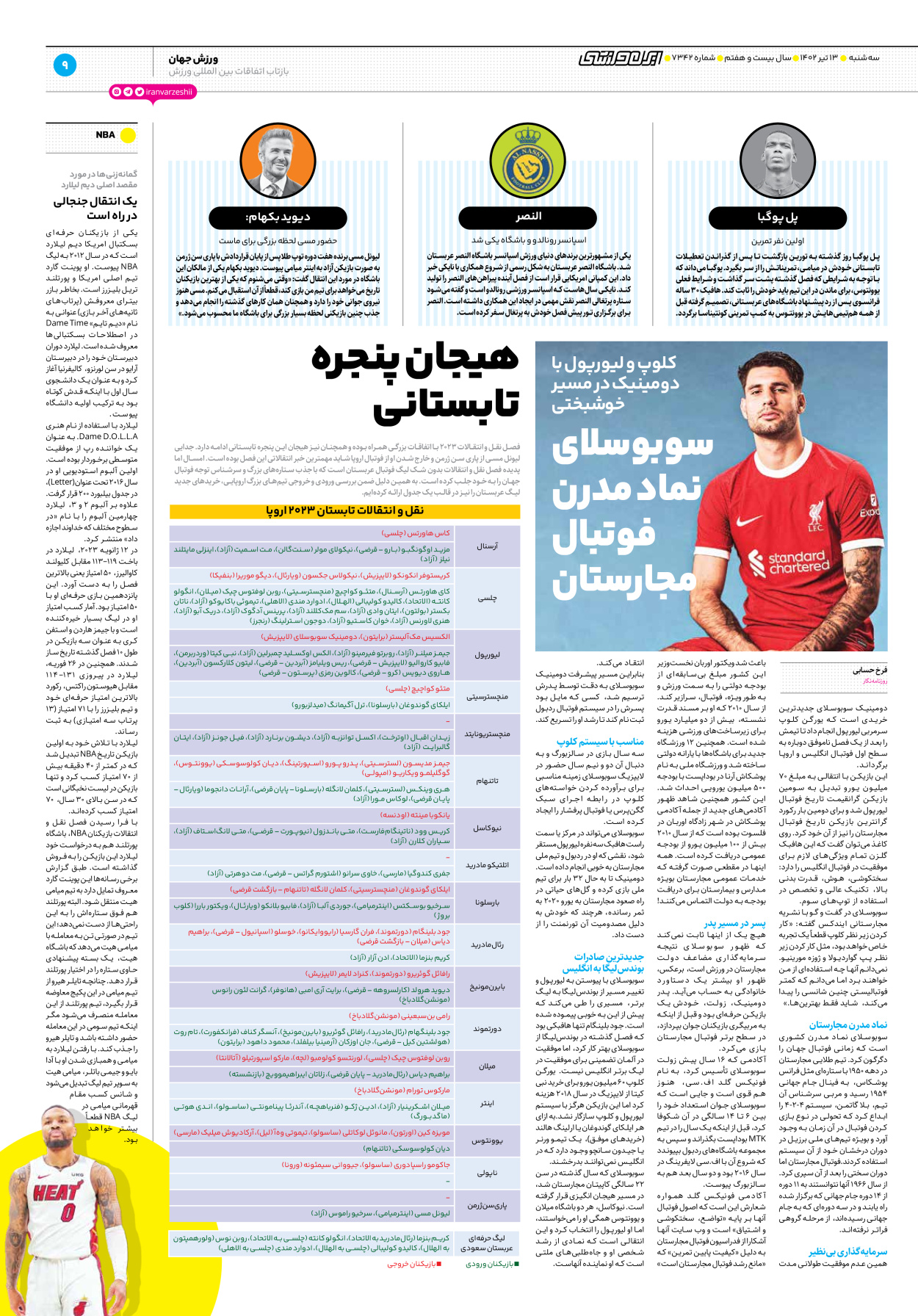 روزنامه ایران ورزشی - شماره هفت هزار و سیصد و چهل و دو - ۱۳ تیر ۱۴۰۲ - صفحه ۹