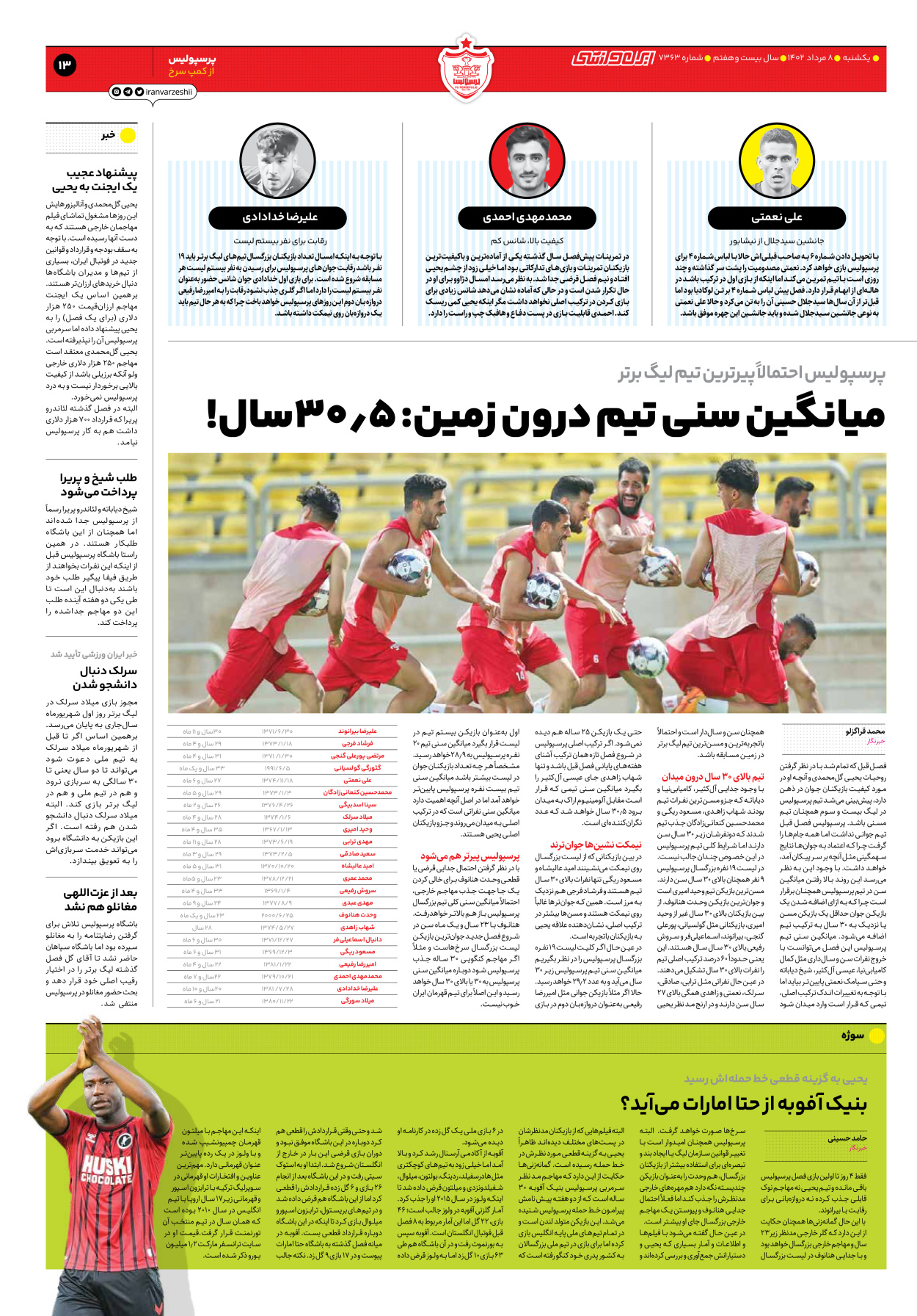 روزنامه ایران ورزشی - شماره هفت هزار و سیصد و شصت و سه - ۰۸ مرداد ۱۴۰۲ - صفحه ۱۳