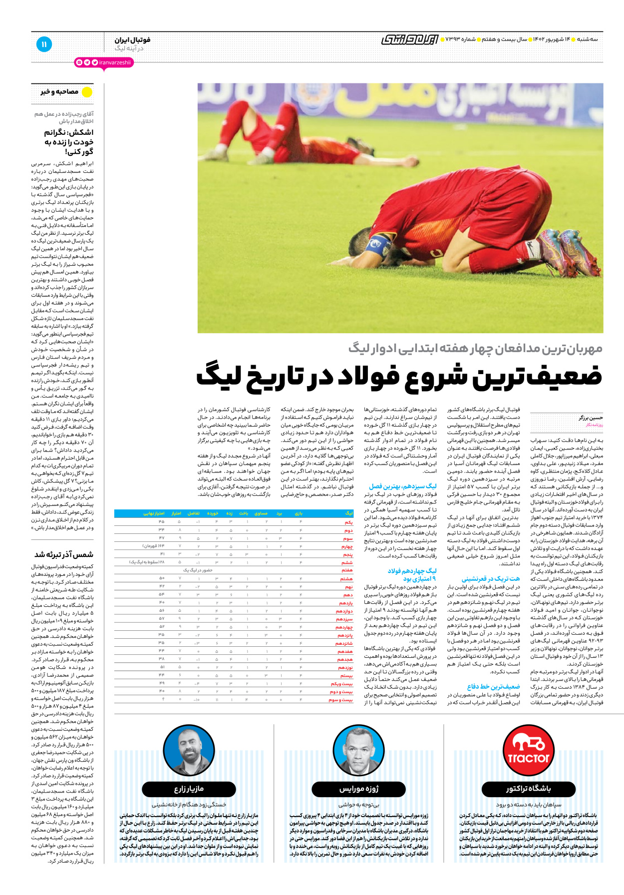 روزنامه ایران ورزشی - شماره هفت هزار و سیصد و نود و سه - ۱۴ شهریور ۱۴۰۲ - صفحه ۱۱
