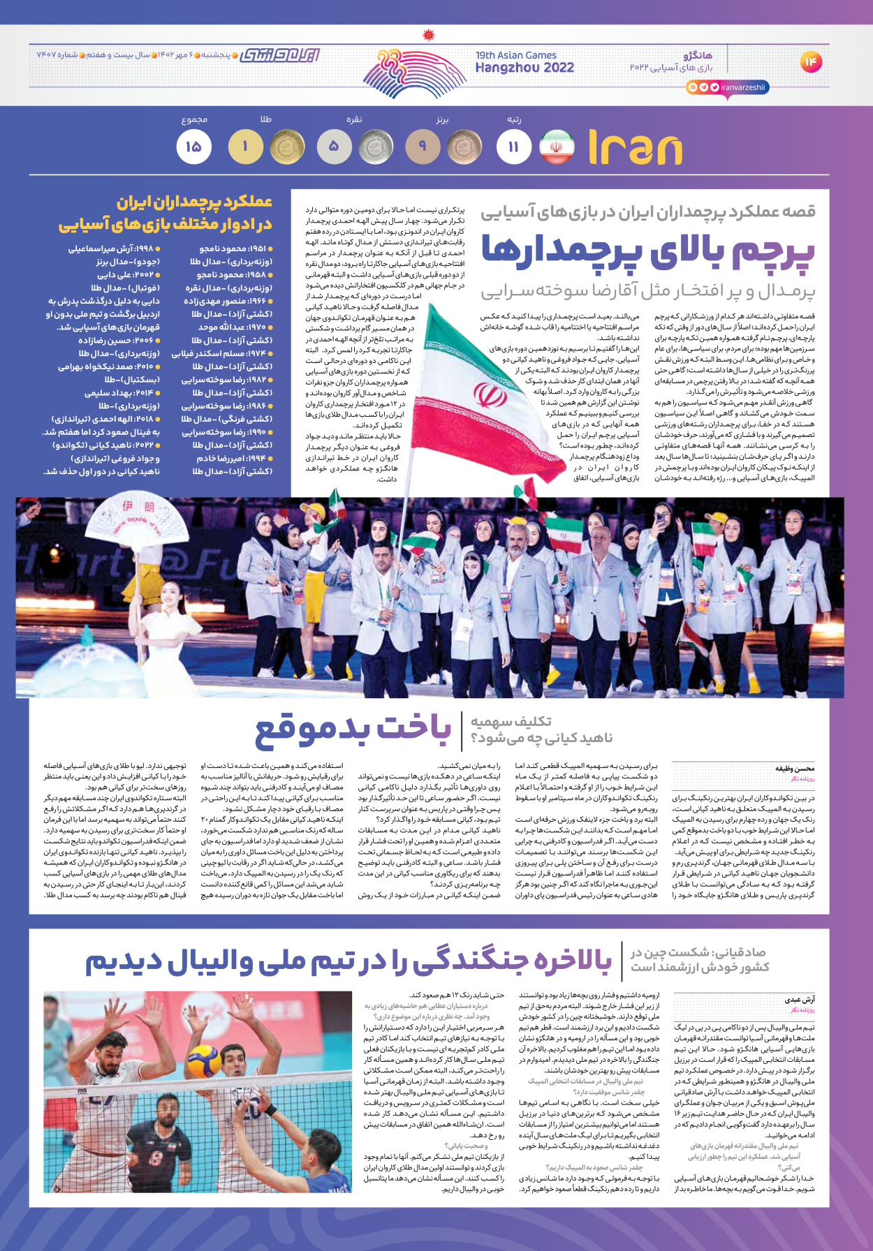 روزنامه ایران ورزشی - شماره هفت هزار و چهارصد و هفت - ۰۶ مهر ۱۴۰۲ - صفحه ۱۴