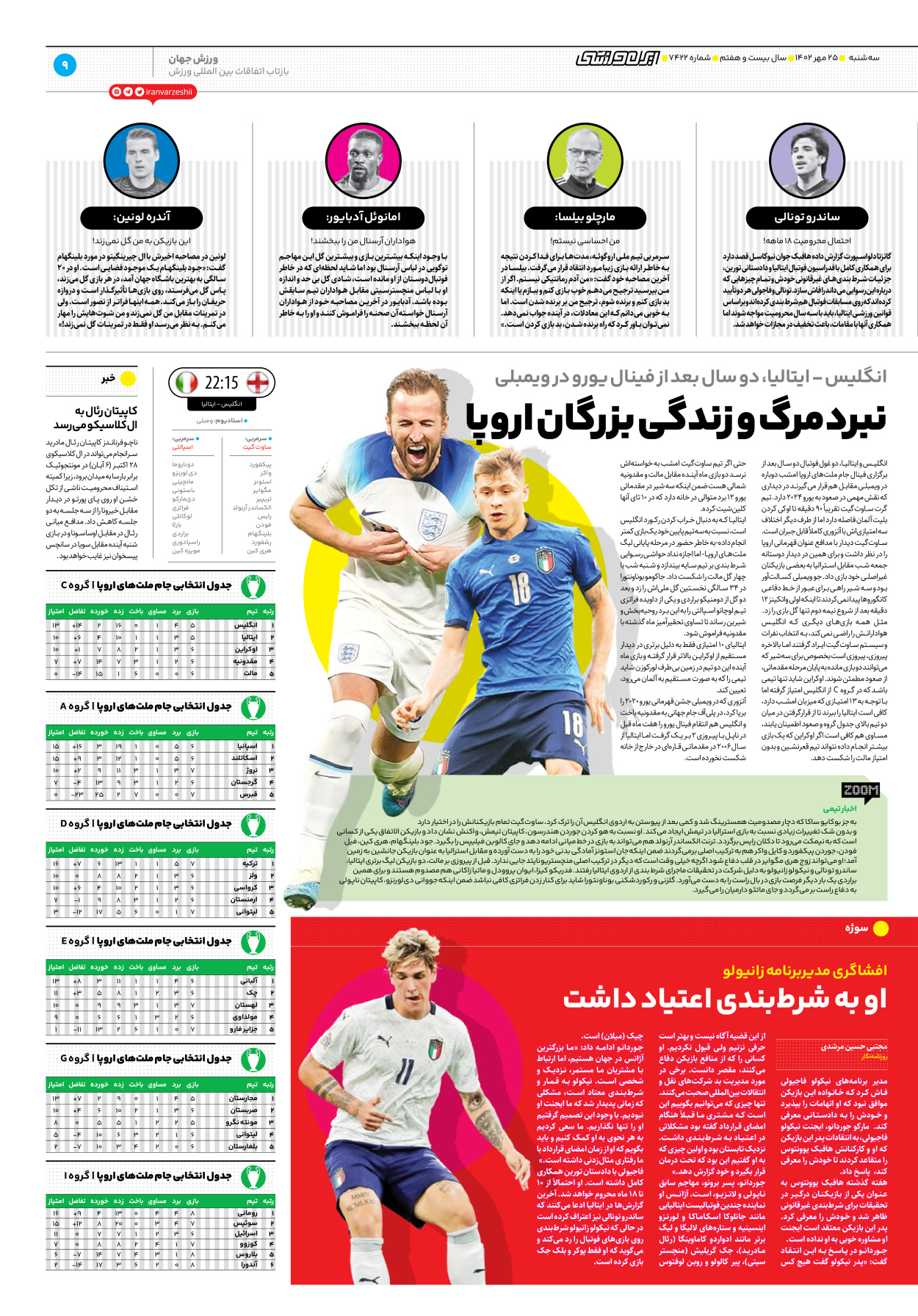 روزنامه ایران ورزشی - شماره هفت هزار و چهارصد و بیست و دو - ۲۵ مهر ۱۴۰۲ - صفحه ۹