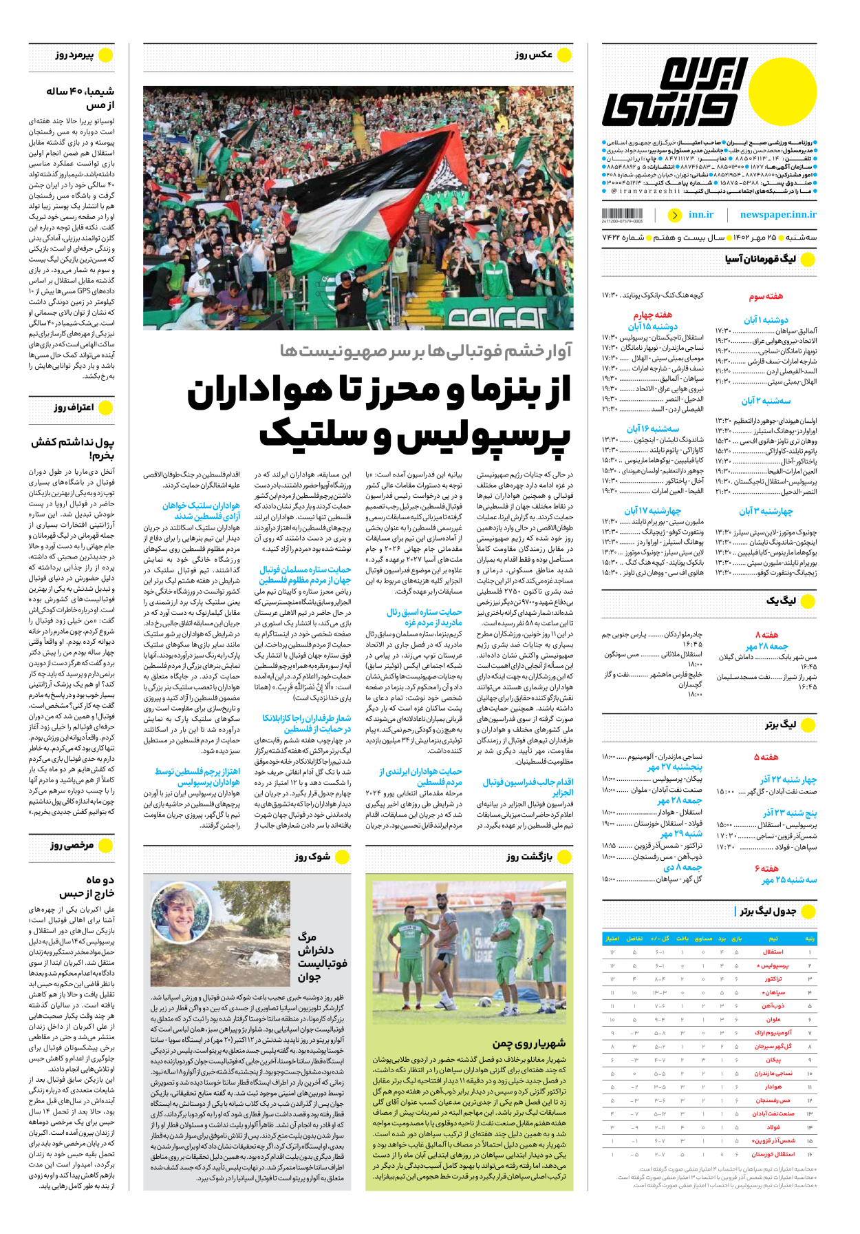 روزنامه ایران ورزشی - شماره هفت هزار و چهارصد و بیست و دو - ۲۵ مهر ۱۴۰۲ - صفحه ۱۶
