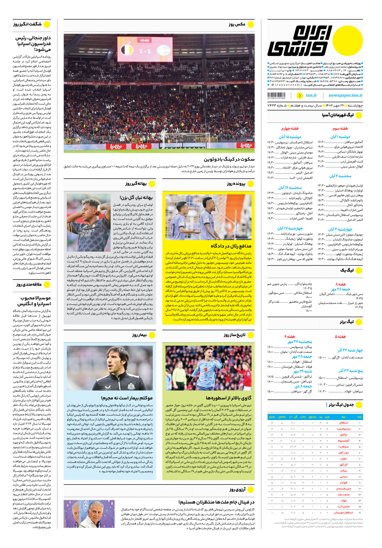 روزنامه ایران ورزشی - شماره هفت هزار و چهارصد و بیست و سه - ۲۶ مهر ۱۴۰۲ - صفحه ۱۶