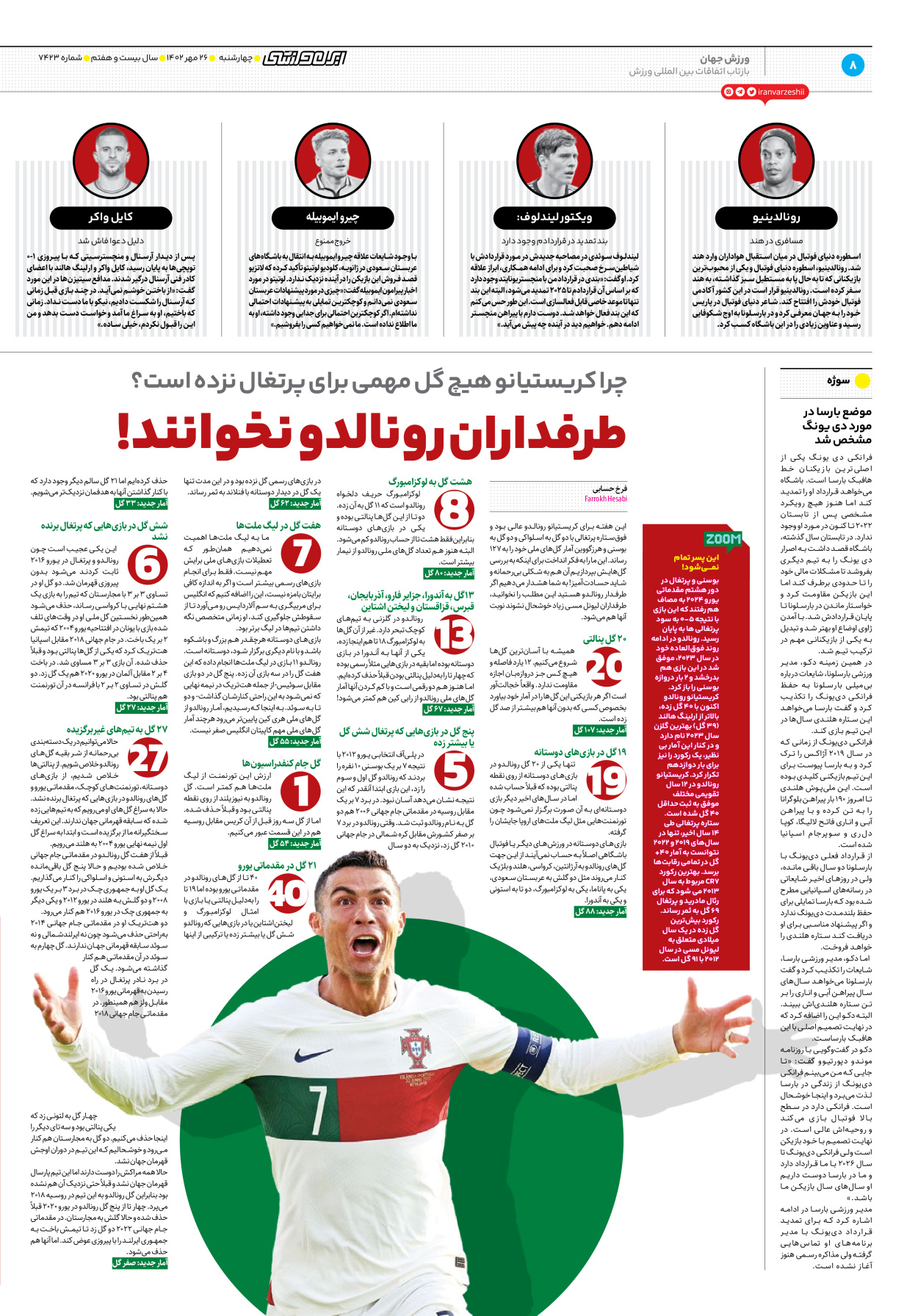 روزنامه ایران ورزشی - شماره هفت هزار و چهارصد و بیست و سه - ۲۶ مهر ۱۴۰۲ - صفحه ۸