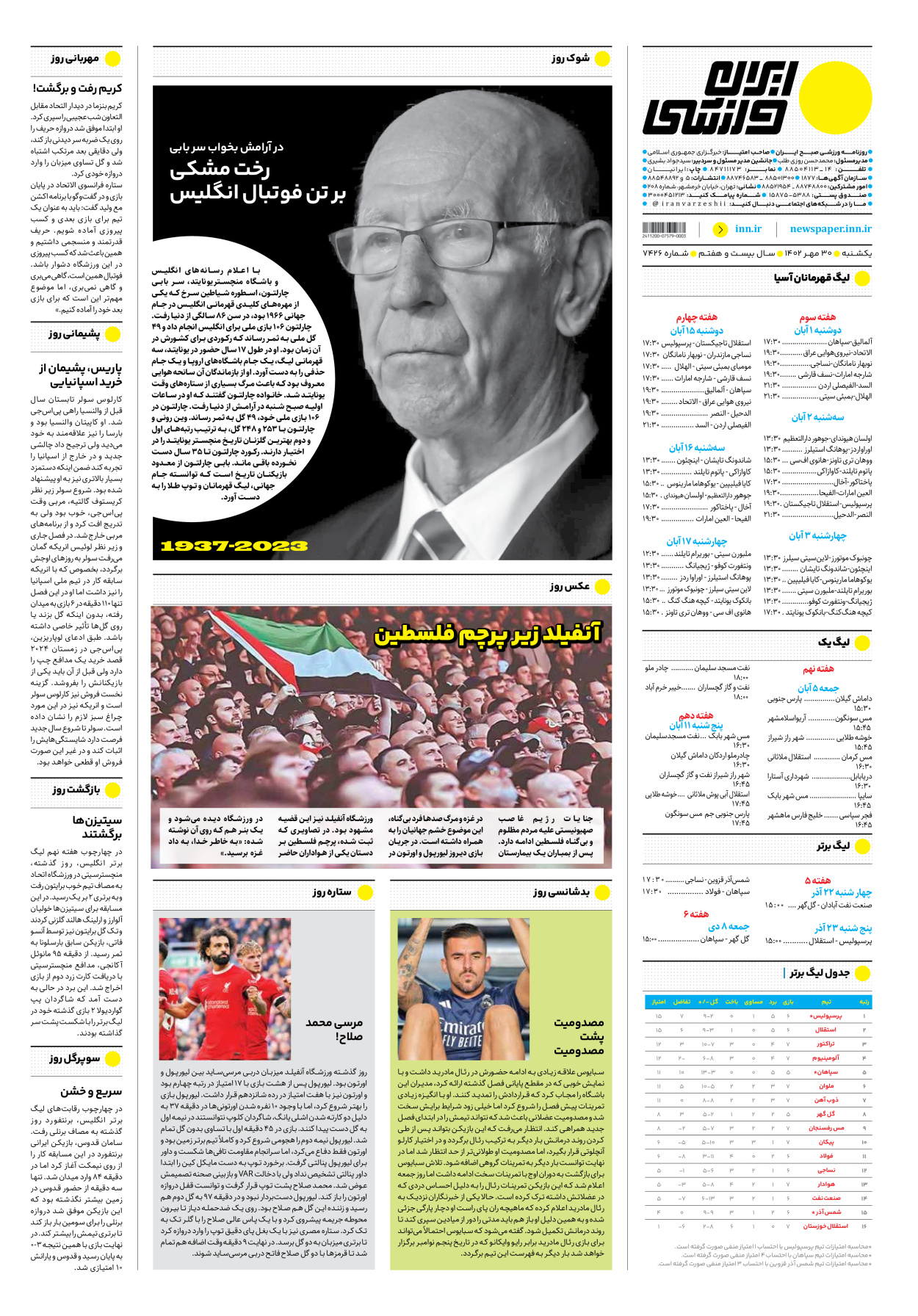 روزنامه ایران ورزشی - شماره هفت هزار و چهارصد و بیست و شش - ۳۰ مهر ۱۴۰۲ - صفحه ۱۶