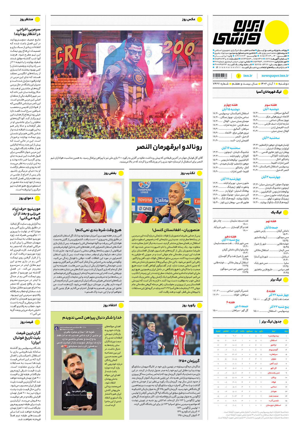 روزنامه ایران ورزشی - شماره هفت هزار و چهارصد و بیست و هفت - ۰۱ آبان ۱۴۰۲ - صفحه ۱۶