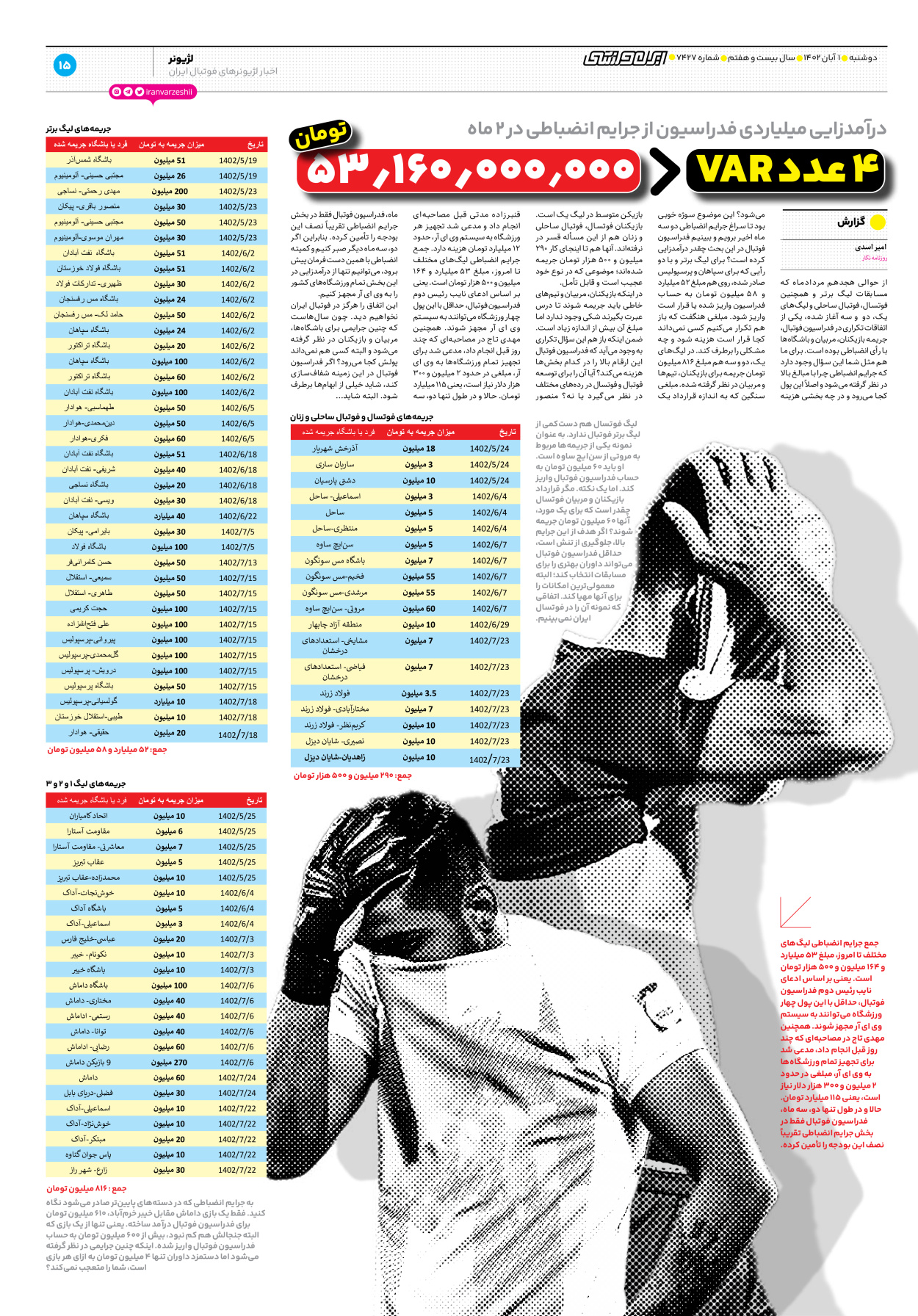 روزنامه ایران ورزشی - شماره هفت هزار و چهارصد و بیست و هفت - ۰۱ آبان ۱۴۰۲ - صفحه ۱۵