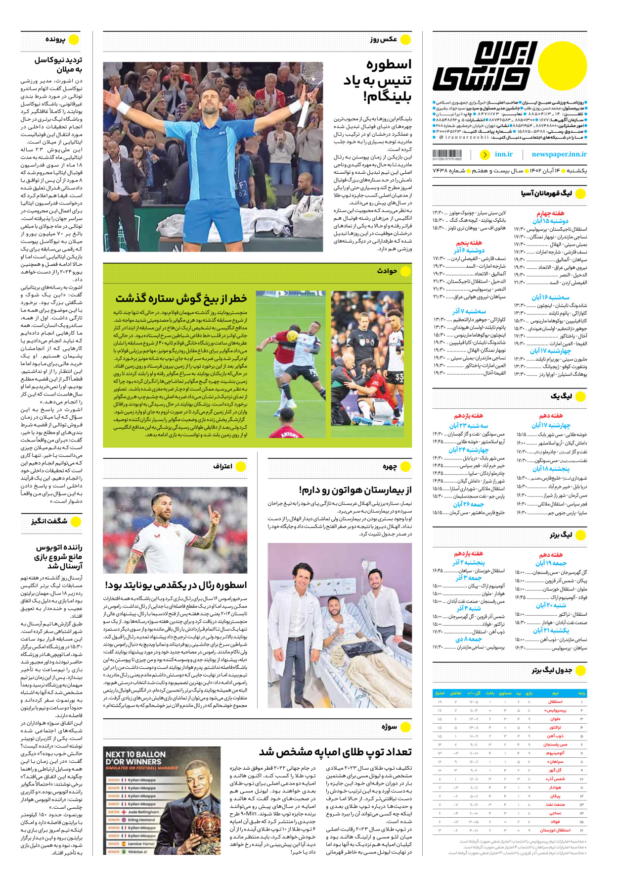روزنامه ایران ورزشی - شماره هفت هزار و چهارصد و سی و هشت - ۱۴ آبان ۱۴۰۲ - صفحه ۱۶