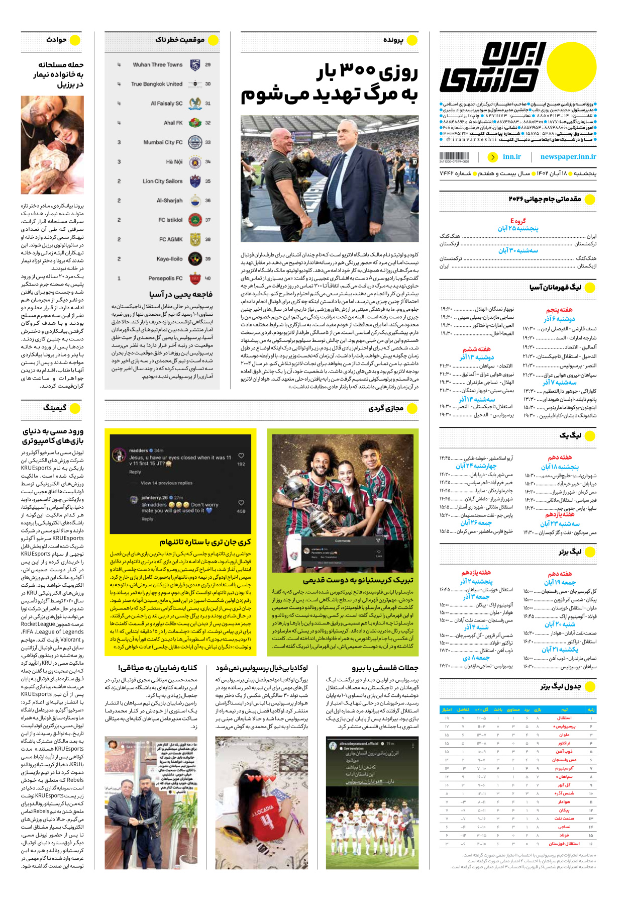 روزنامه ایران ورزشی - شماره هفت هزار و چهارصد و چهل و دو - ۱۸ آبان ۱۴۰۲ - صفحه ۱۶