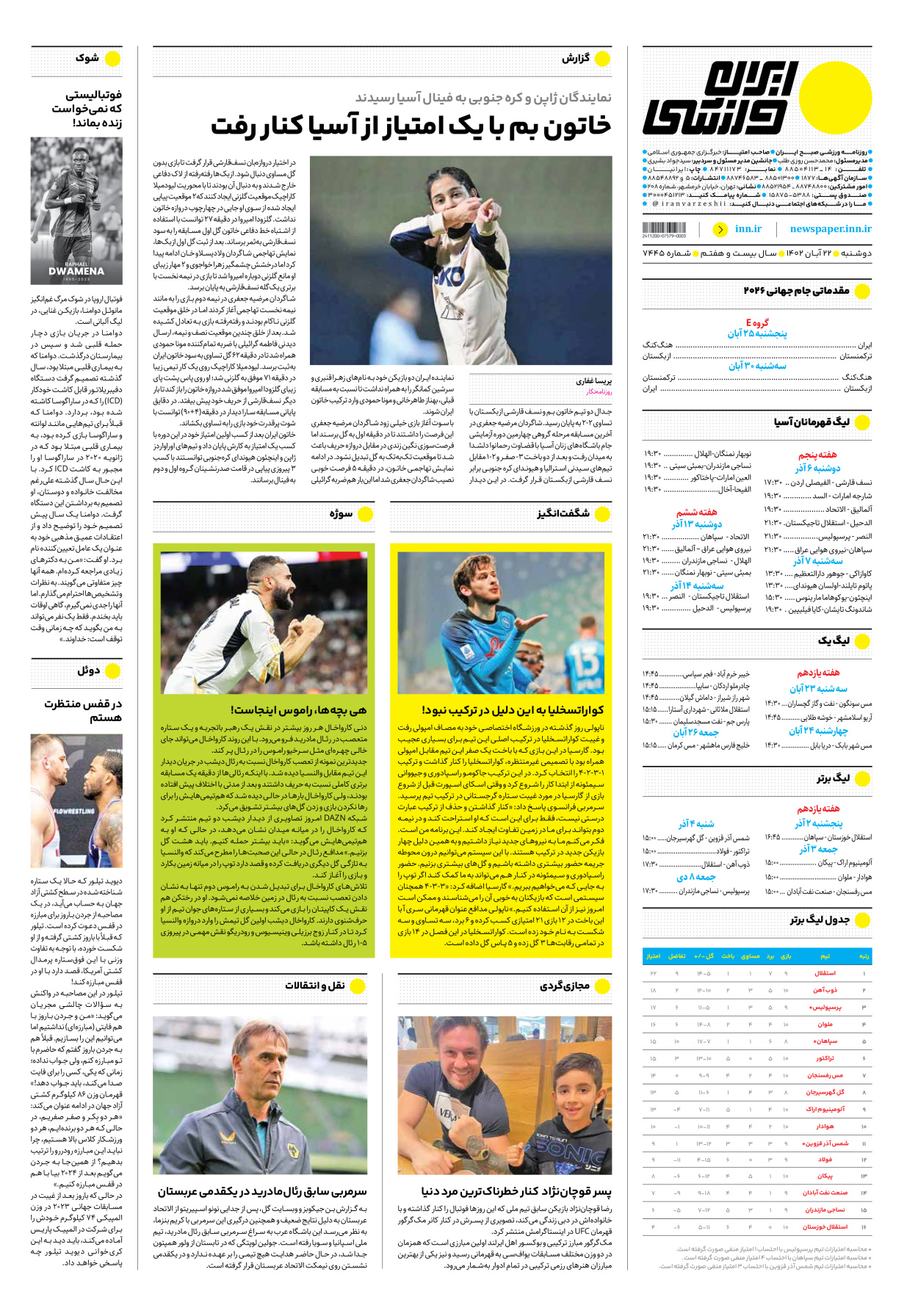 روزنامه ایران ورزشی - شماره هفت هزار و چهارصد و چهل و پنج - ۲۲ آبان ۱۴۰۲ - صفحه ۱۶