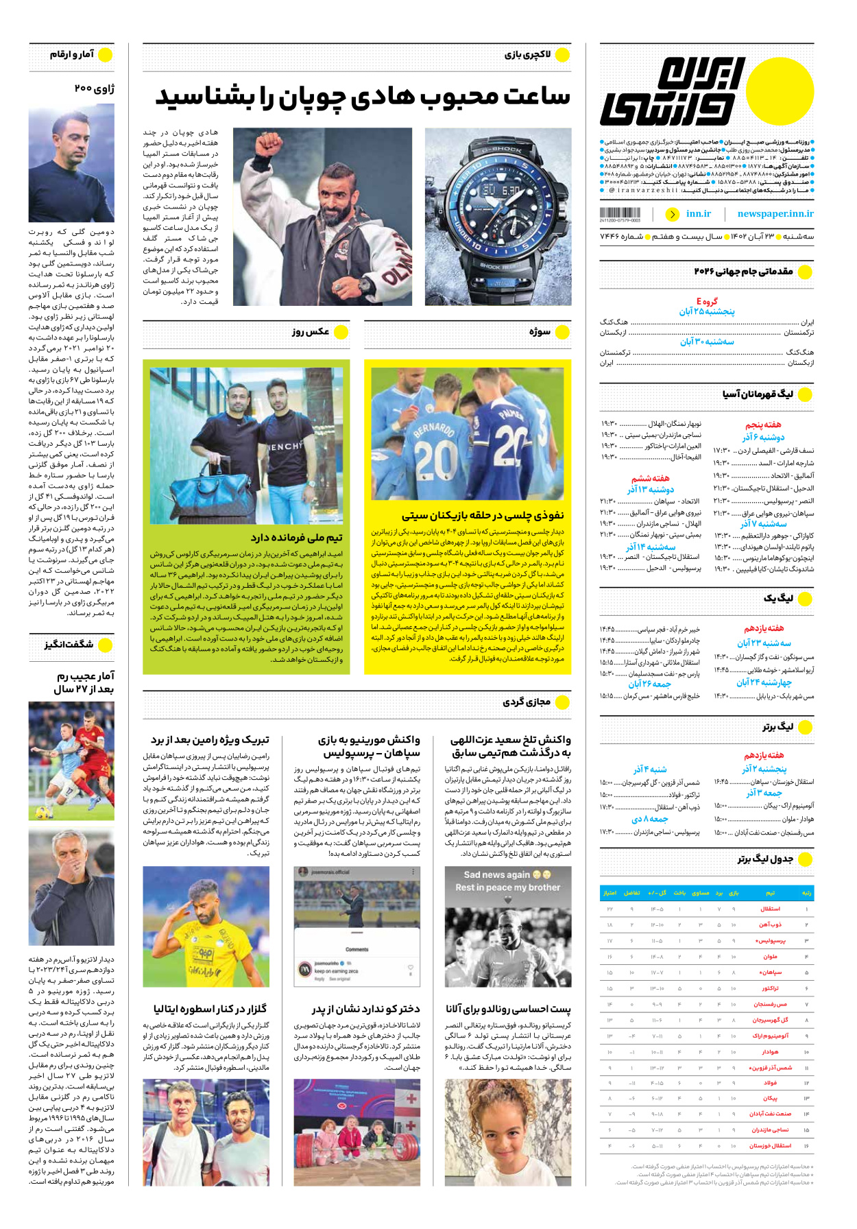 روزنامه ایران ورزشی - شماره هفت هزار و چهارصد و چهل و شش - ۲۳ آبان ۱۴۰۲ - صفحه ۱۶