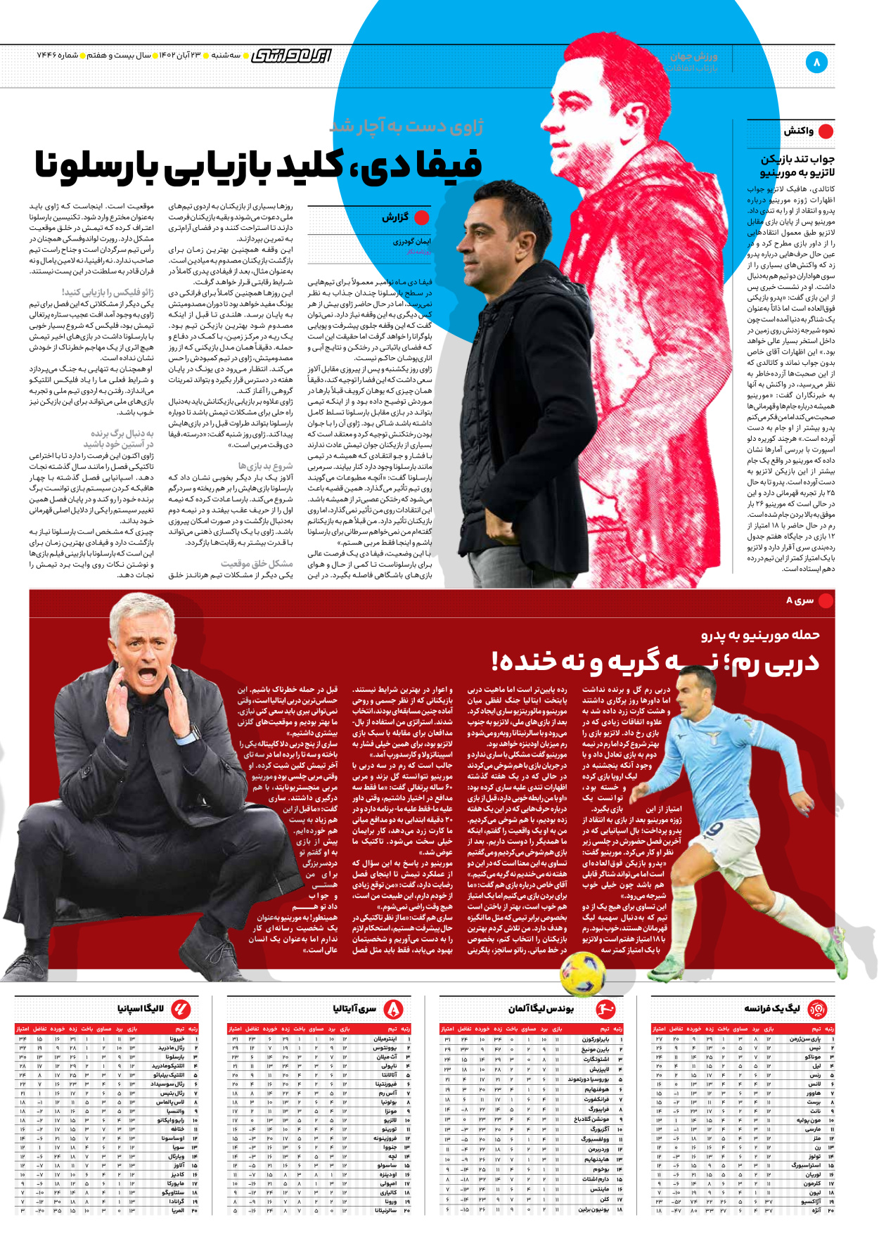روزنامه ایران ورزشی - شماره هفت هزار و چهارصد و چهل و شش - ۲۳ آبان ۱۴۰۲ - صفحه ۸