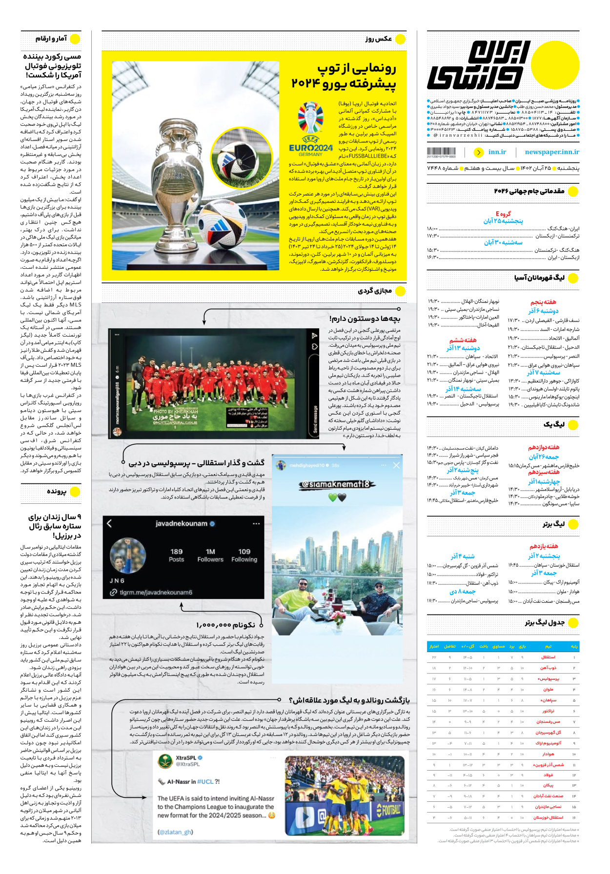 روزنامه ایران ورزشی - شماره هفت هزار و چهارصد و چهل و هشت - ۲۵ آبان ۱۴۰۲ - صفحه ۱۶