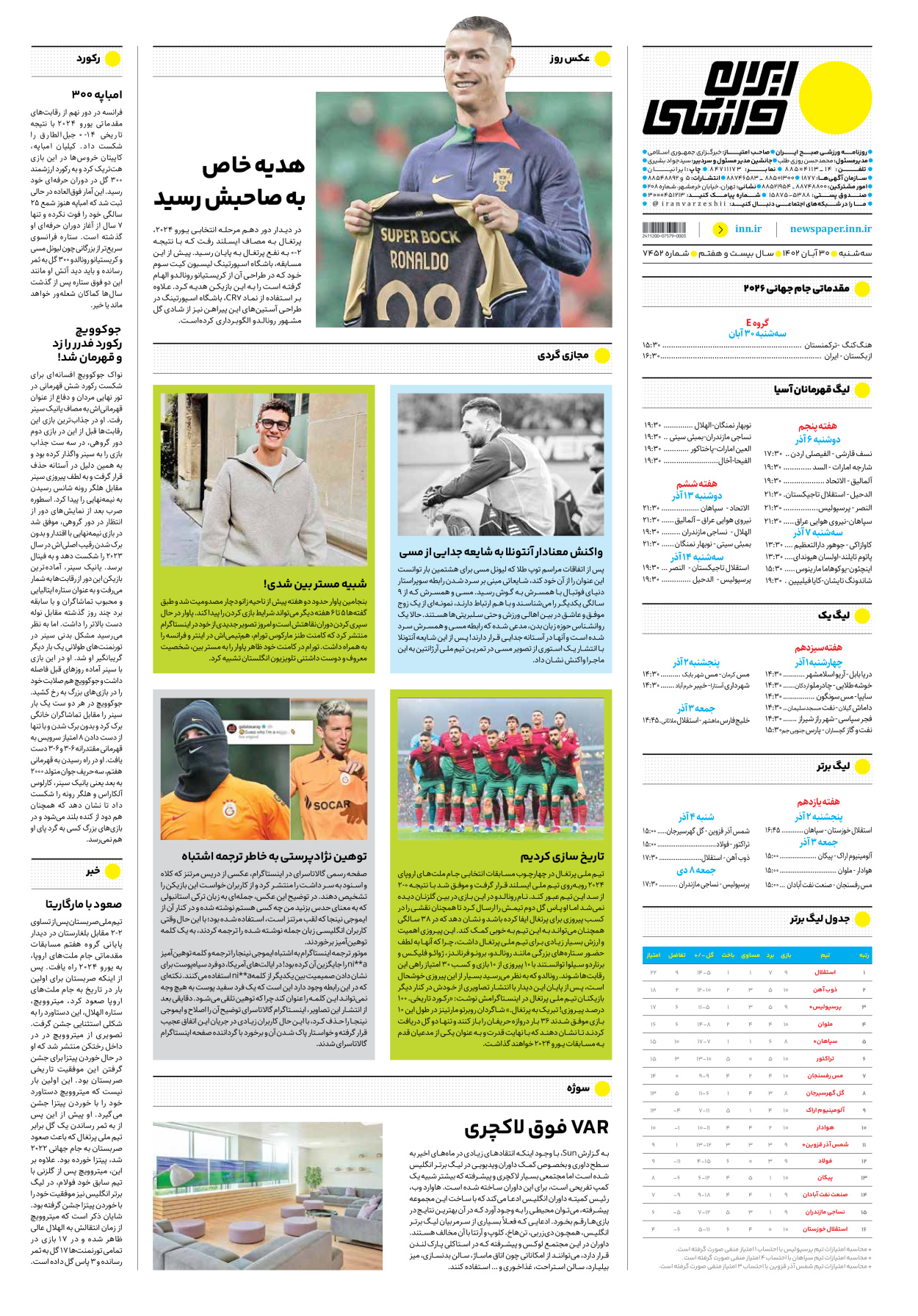 روزنامه ایران ورزشی - شماره هفت هزار و چهارصد و پنجاه و دو - ۳۰ آبان ۱۴۰۲ - صفحه ۱۶