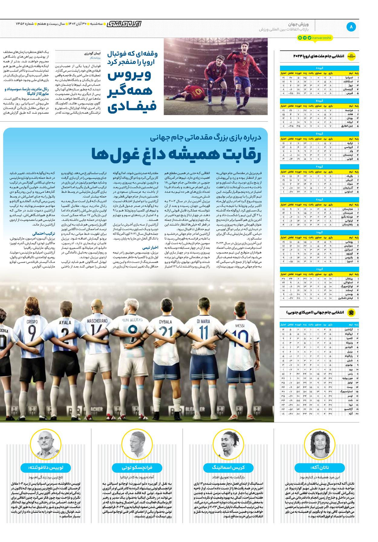 روزنامه ایران ورزشی - شماره هفت هزار و چهارصد و پنجاه و دو - ۳۰ آبان ۱۴۰۲ - صفحه ۸