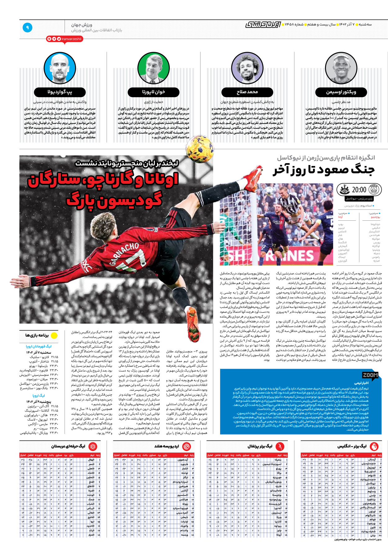روزنامه ایران ورزشی - شماره هفت هزار و چهارصد و پنجاه و هشت - ۰۷ آذر ۱۴۰۲ - صفحه ۹