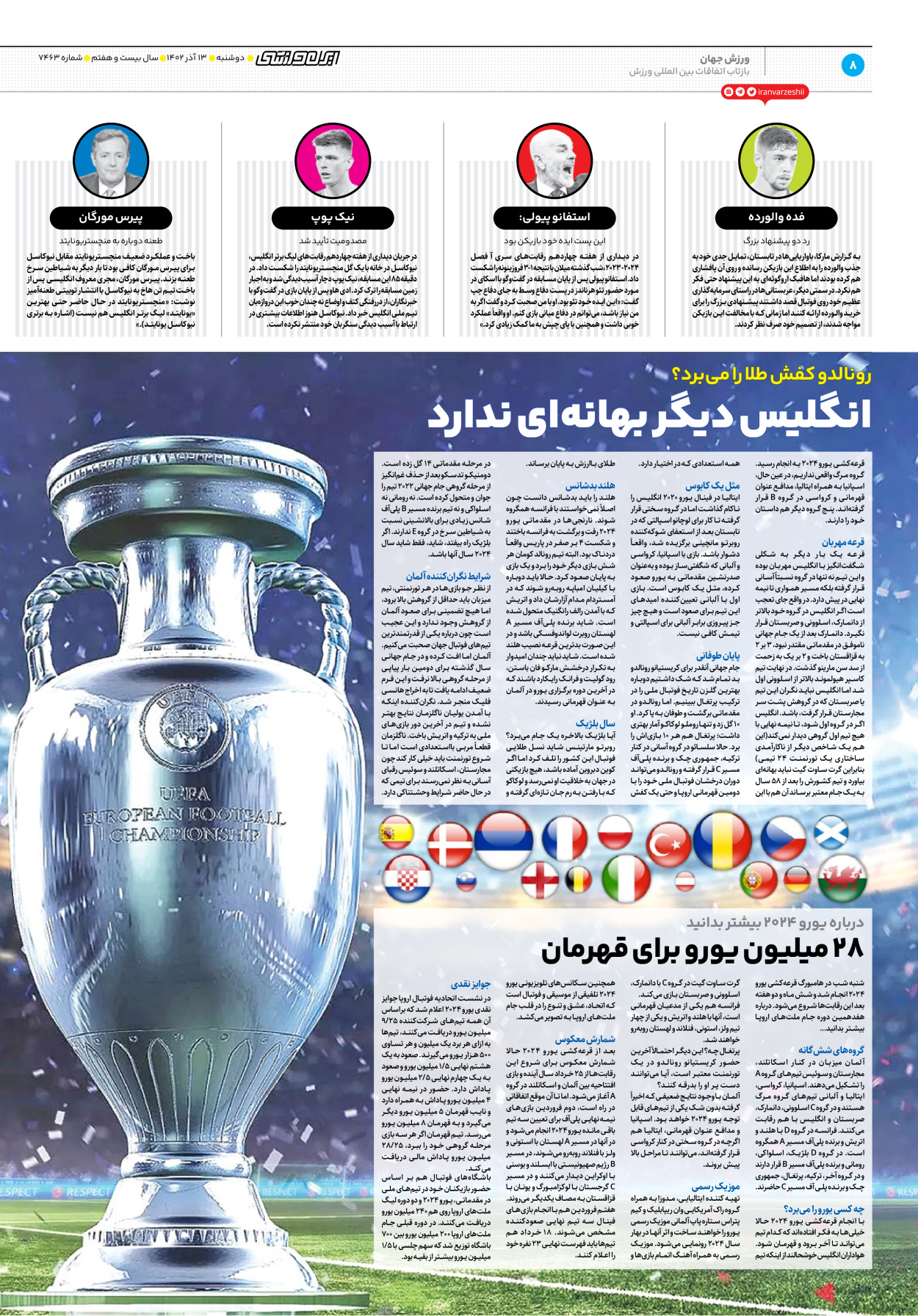 روزنامه ایران ورزشی - شماره هفت هزار و چهارصد و شصت و سه - ۱۳ آذر ۱۴۰۲ - صفحه ۸