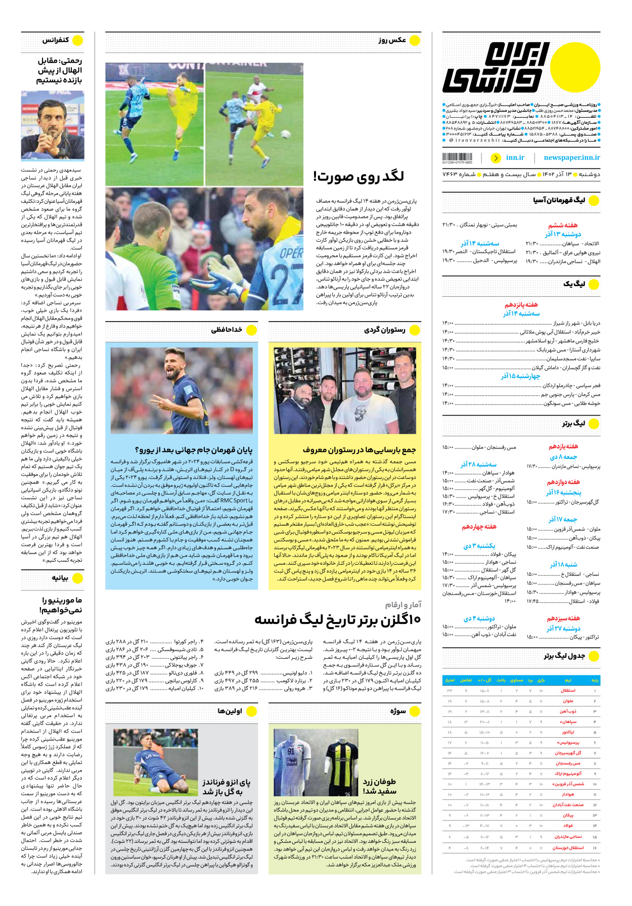 روزنامه ایران ورزشی - شماره هفت هزار و چهارصد و شصت و سه - ۱۳ آذر ۱۴۰۲ - صفحه ۱۶