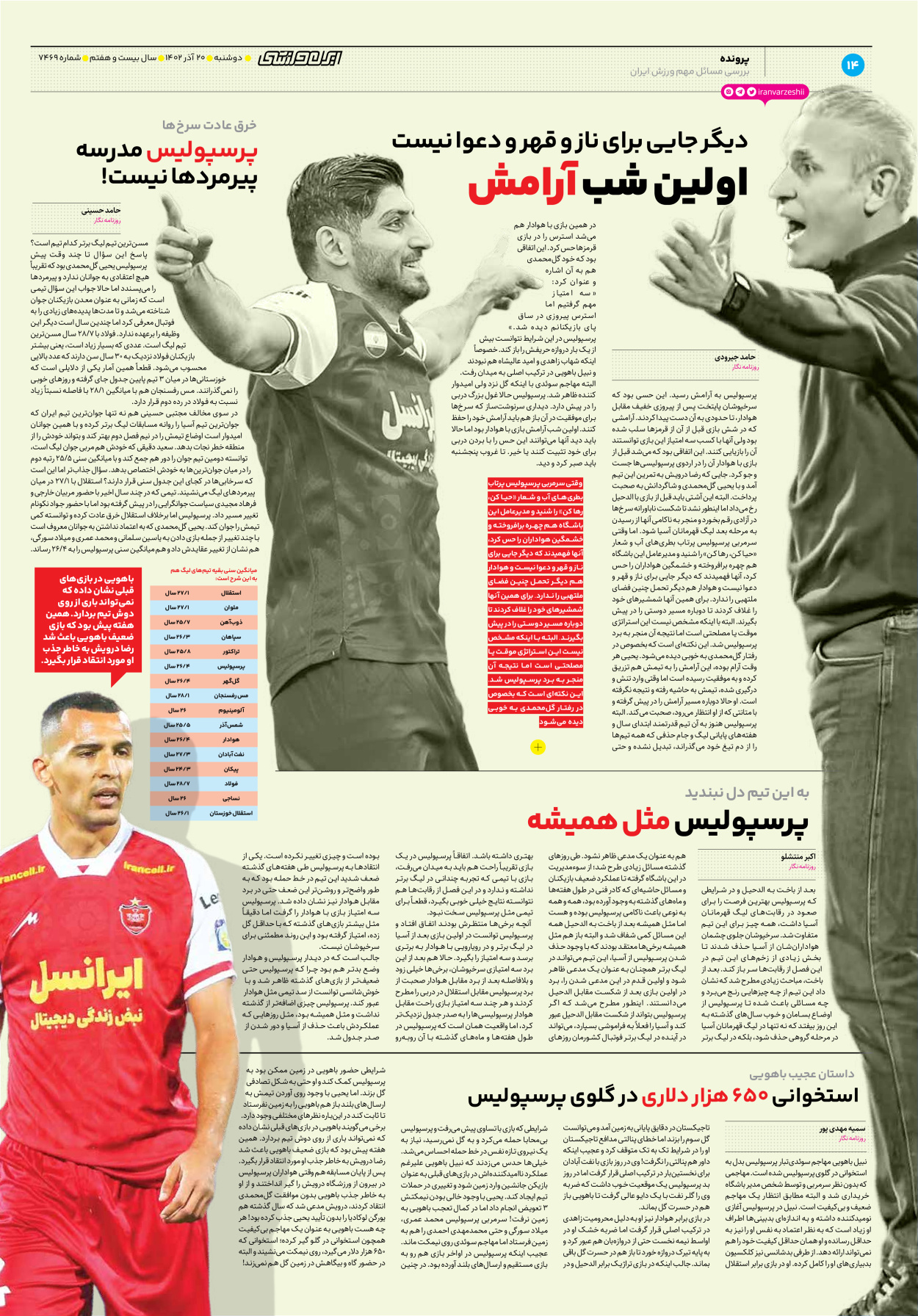 روزنامه ایران ورزشی - شماره هفت هزار و چهارصد و شصت و نه - ۲۰ آذر ۱۴۰۲ - صفحه ۱۴