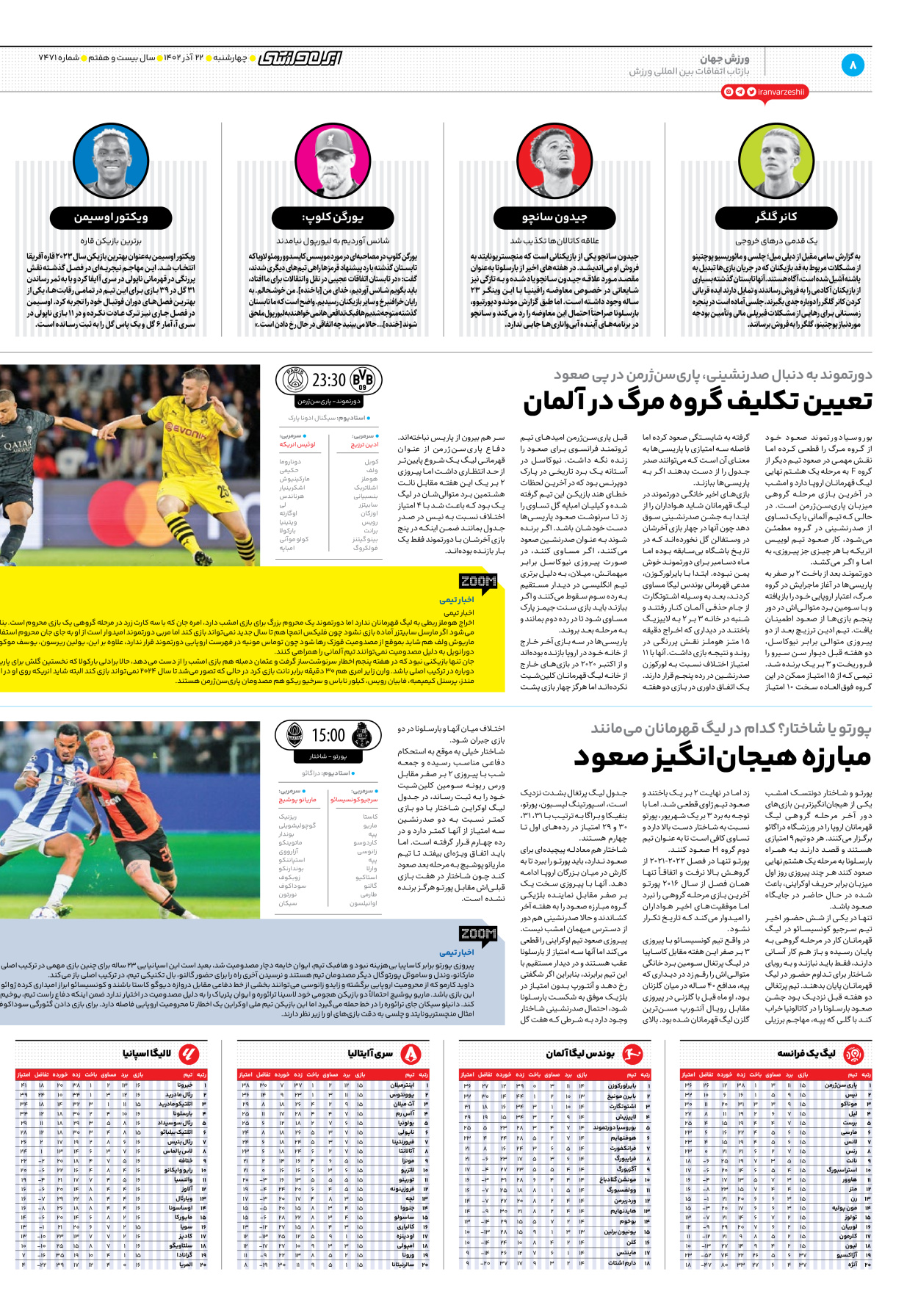 روزنامه ایران ورزشی - شماره هفت هزار و چهارصد و هفتاد و یک - ۲۲ آذر ۱۴۰۲ - صفحه ۸