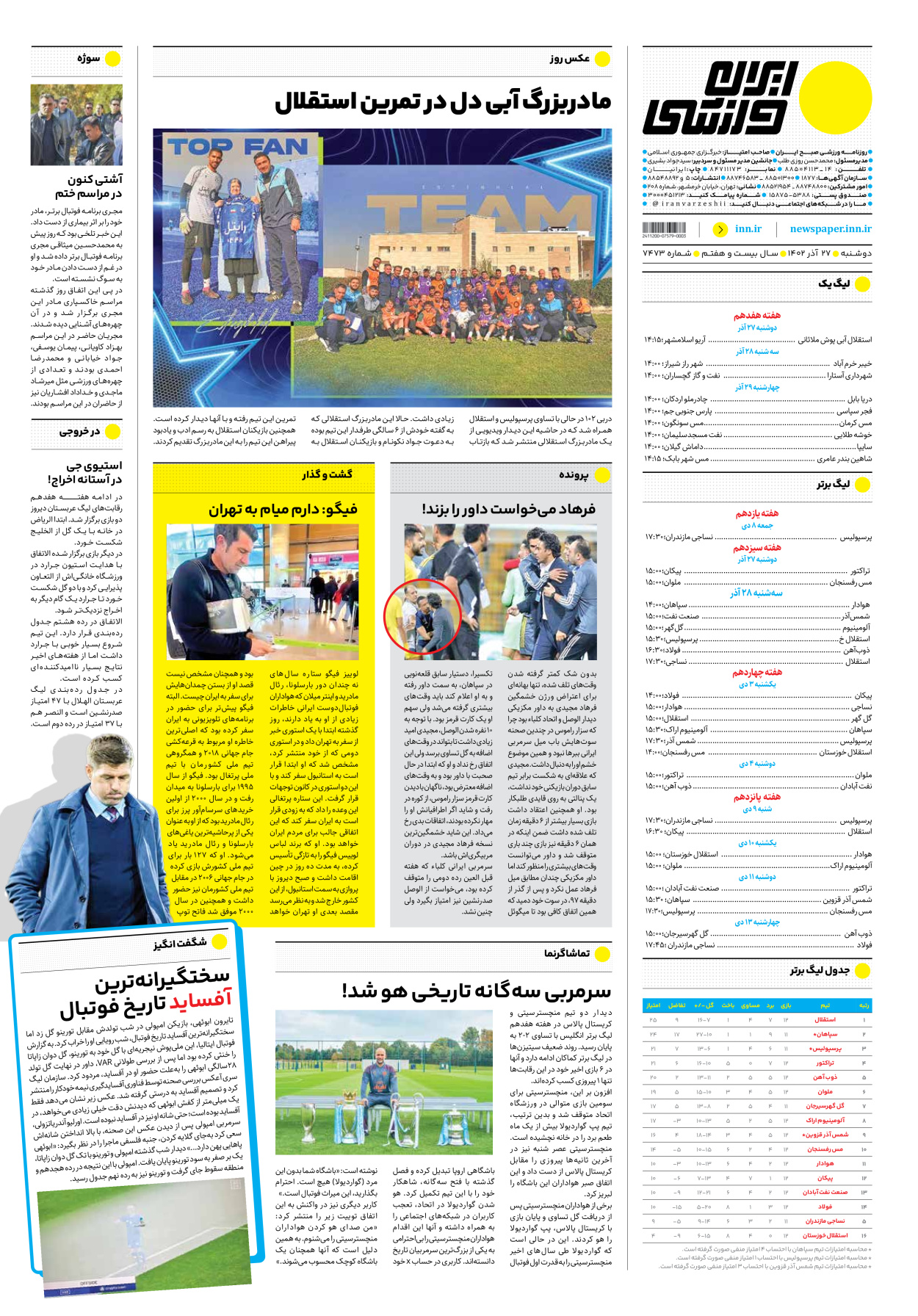 روزنامه ایران ورزشی - شماره هفت هزار و چهارصد و هفتاد و سه - ۲۷ آذر ۱۴۰۲ - صفحه ۱۲