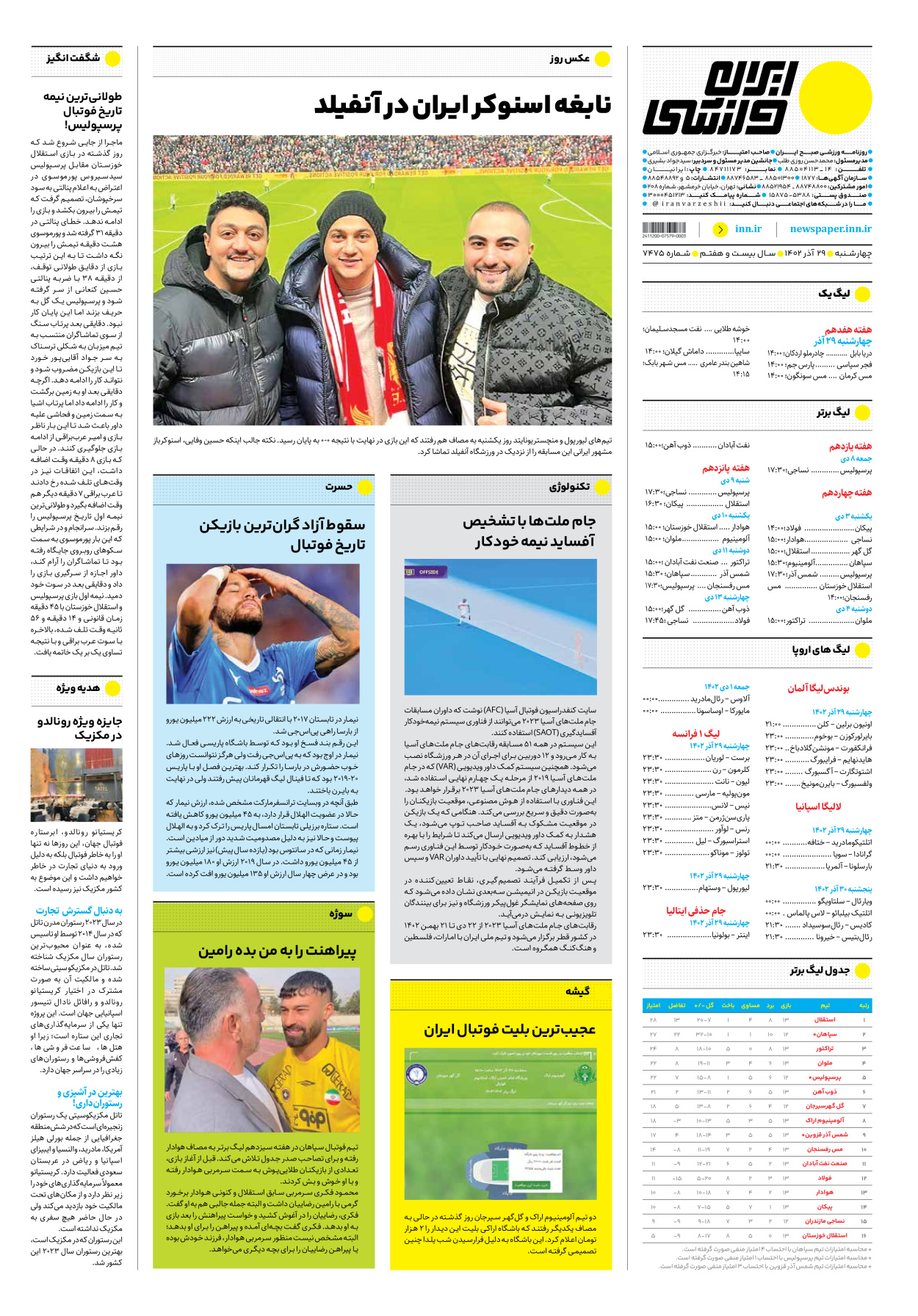 روزنامه ایران ورزشی - شماره هفت هزار و چهارصد و هفتاد و پنج - ۲۹ آذر ۱۴۰۲ - صفحه ۱۲