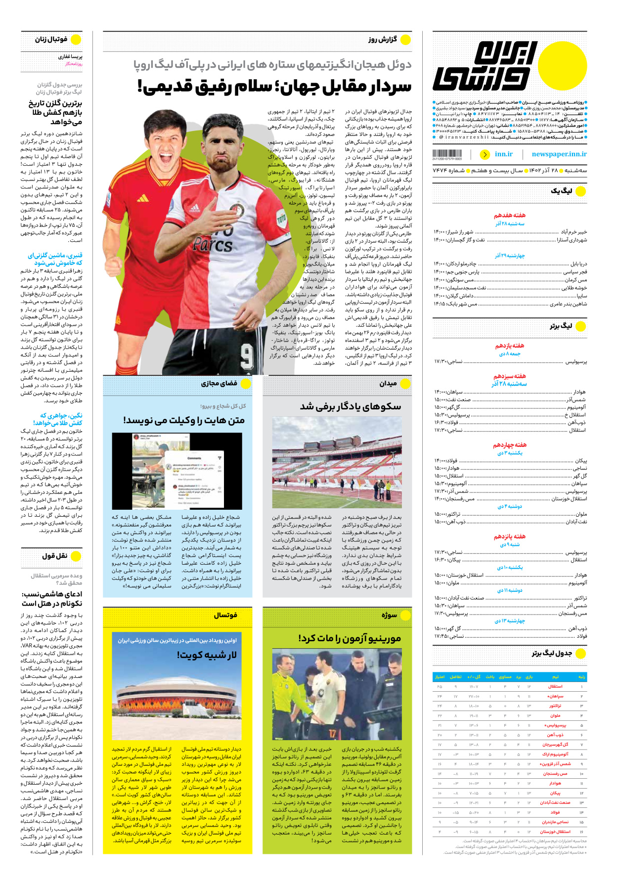 روزنامه ایران ورزشی - شماره هفت هزار و چهارصد و هفتاد و چهار - ۲۸ آذر ۱۴۰۲ - صفحه ۱۲