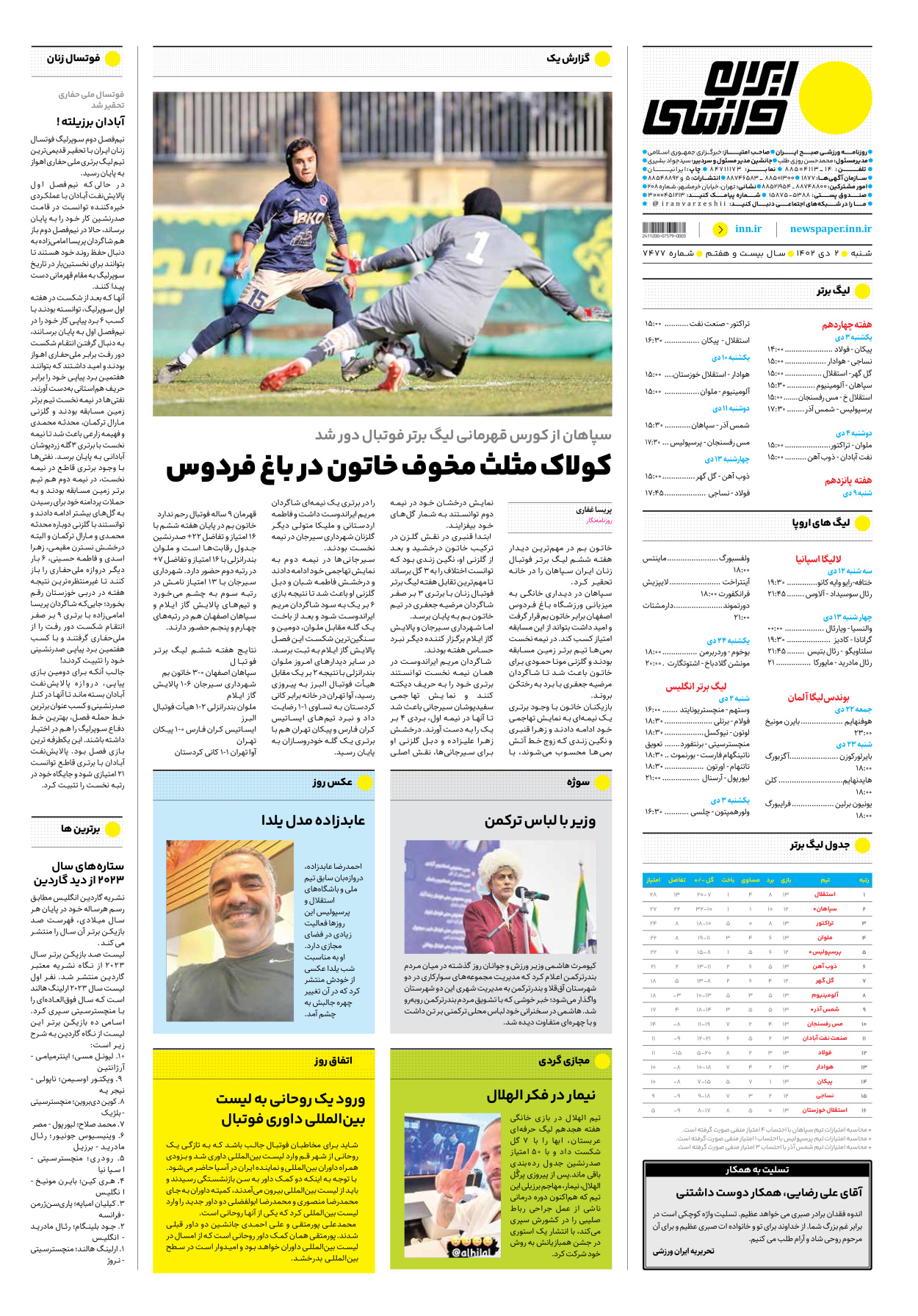 روزنامه ایران ورزشی - شماره هفت هزار و چهارصد و هفتاد و هفت - ۰۲ دی ۱۴۰۲ - صفحه ۱۲