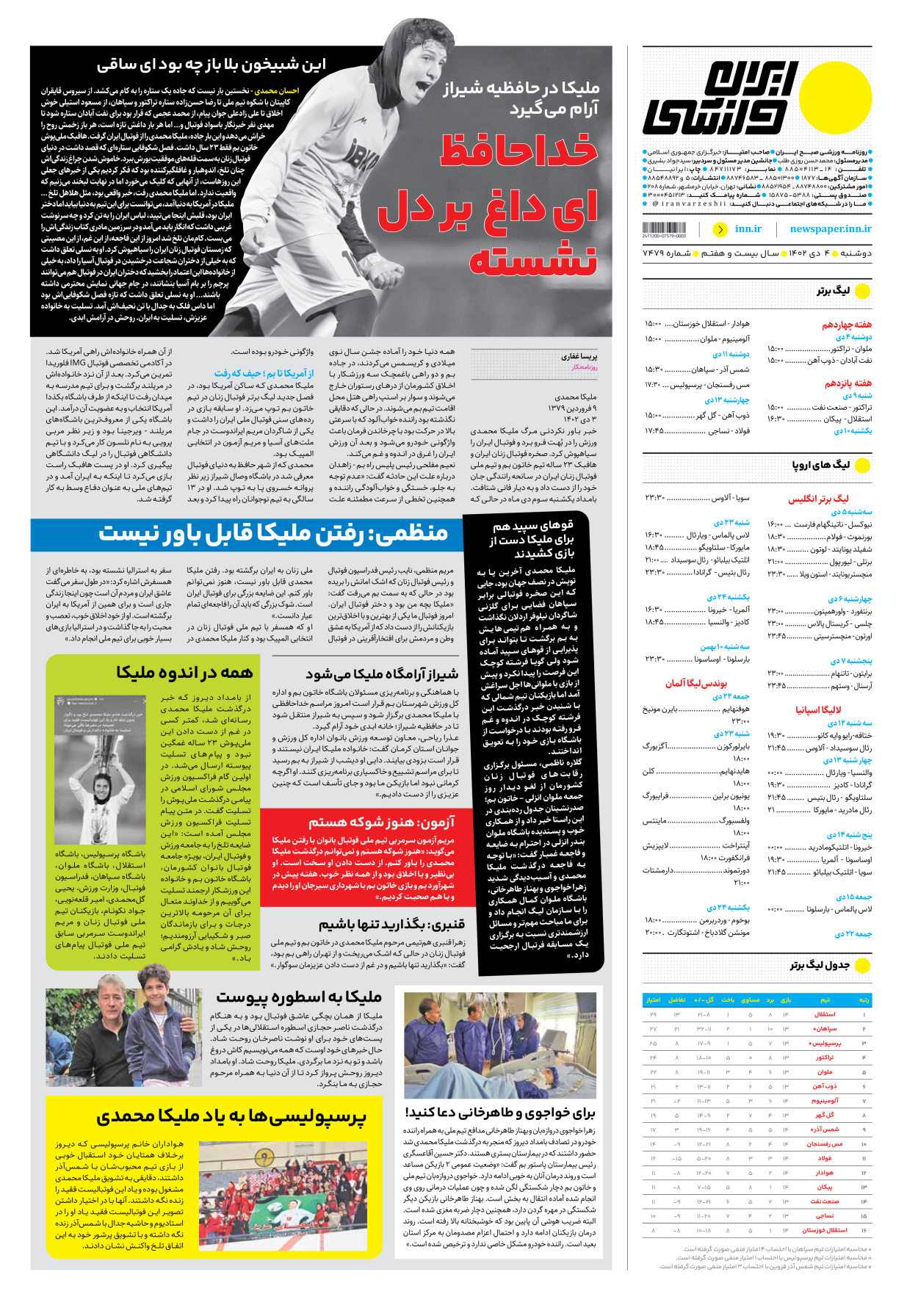 روزنامه ایران ورزشی - شماره هفت هزار و چهارصد و هفتاد و نه - ۰۴ دی ۱۴۰۲ - صفحه ۱۲