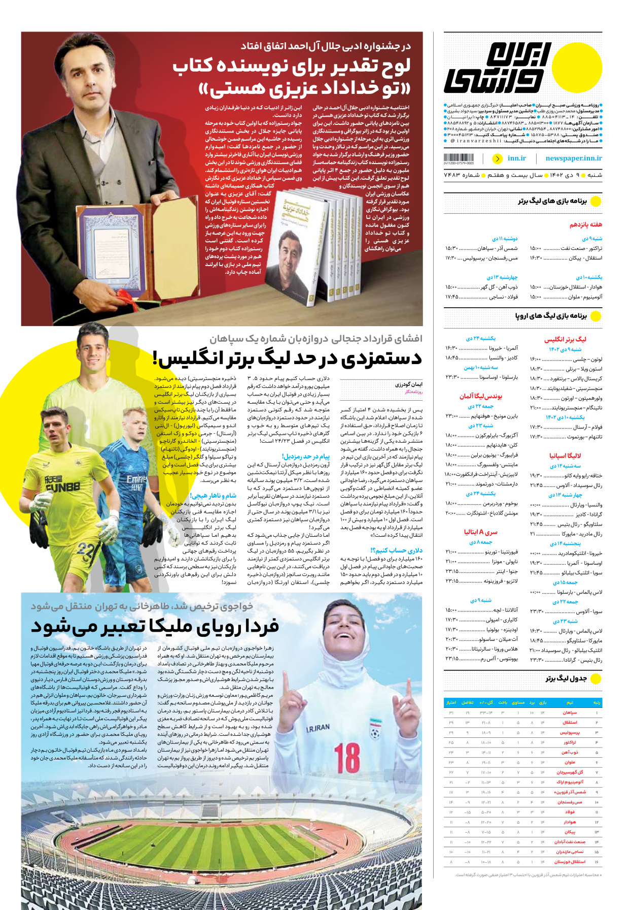 روزنامه ایران ورزشی - شماره هفت هزار و چهارصد و هشتاد و سه - ۰۹ دی ۱۴۰۲ - صفحه ۱۲