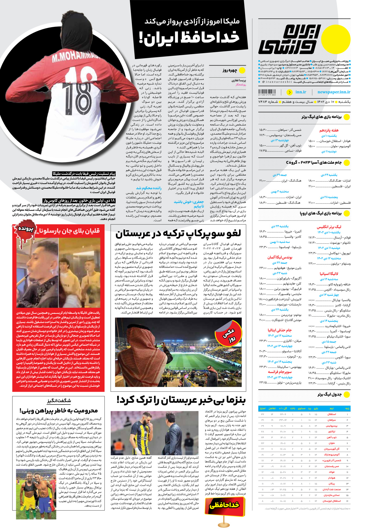 روزنامه ایران ورزشی - شماره هفت هزار و چهارصد و هشتاد و چهار - ۱۰ دی ۱۴۰۲ - صفحه ۱۲