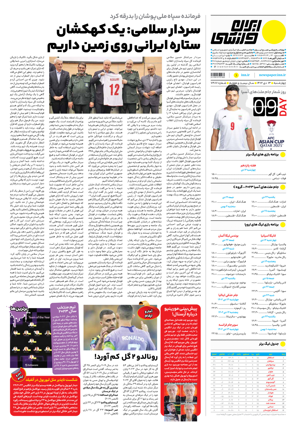 روزنامه ایران ورزشی - شماره هفت هزار و چهارصد و هشتاد و هفت - ۱۳ دی ۱۴۰۲ - صفحه ۱۲