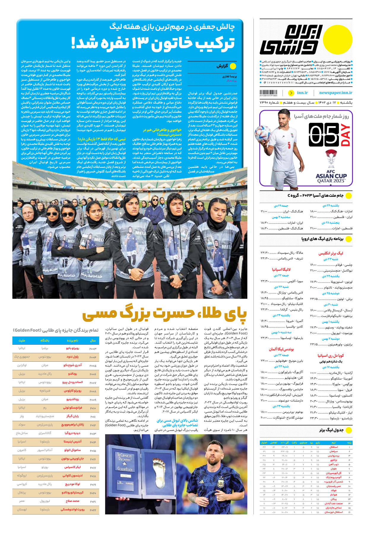 روزنامه ایران ورزشی - شماره هفت هزار و چهارصد و نود - ۱۷ دی ۱۴۰۲ - صفحه ۱۲