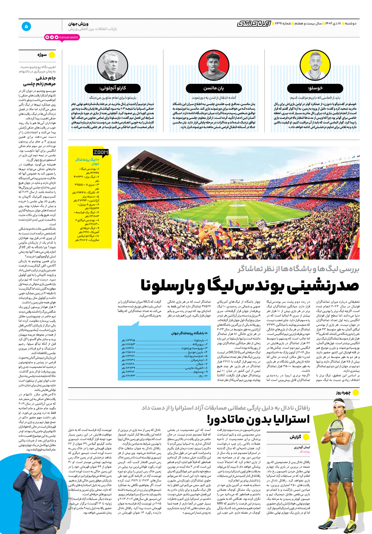 روزنامه ایران ورزشی - شماره هفت هزار و چهارصد و نود و یک - ۱۸ دی ۱۴۰۲ - صفحه ۵