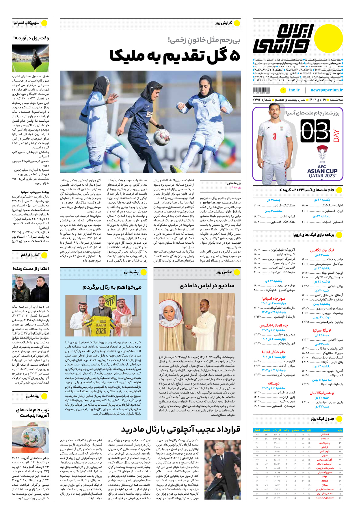 روزنامه ایران ورزشی - شماره هفت هزار و چهارصد و نود و دو - ۱۹ دی ۱۴۰۲ - صفحه ۱۲