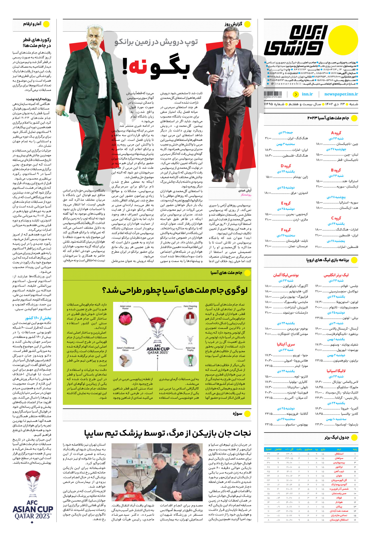 روزنامه ایران ورزشی - شماره هفت هزار و چهارصد و نود و پنج - ۲۳ دی ۱۴۰۲ - صفحه ۱۲