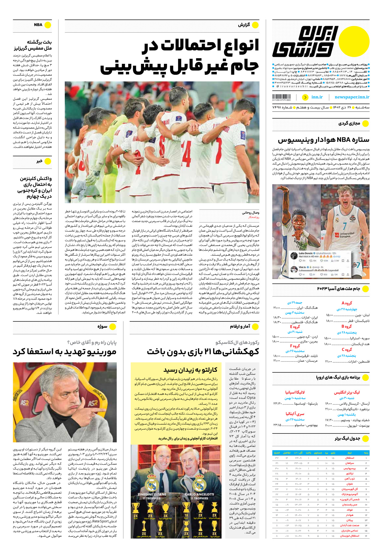 روزنامه ایران ورزشی - شماره هفت هزار و چهارصد و نود و هشت - ۲۶ دی ۱۴۰۲ - صفحه ۱۲