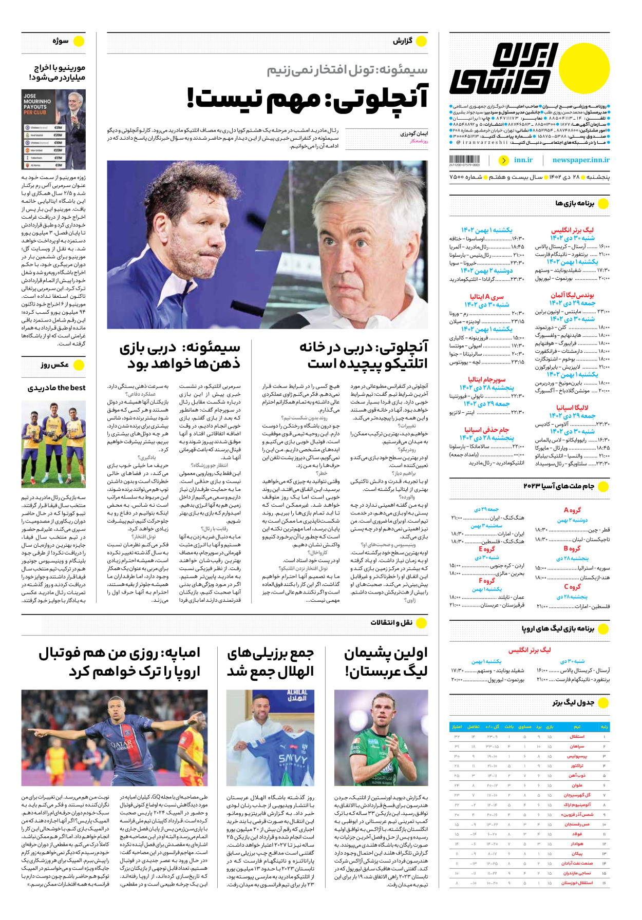 روزنامه ایران ورزشی - شماره هفت هزار و پانصد - ۲۸ دی ۱۴۰۲ - صفحه ۱۲