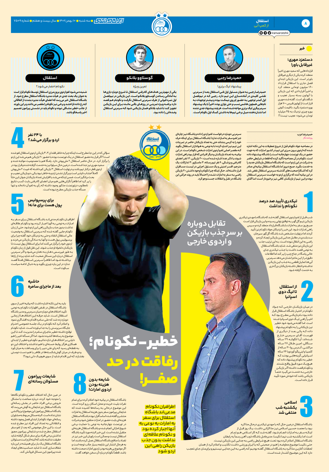روزنامه ایران ورزشی - شماره هفت هزار و پانصد و نه - ۱۰ بهمن ۱۴۰۲ - صفحه ۸