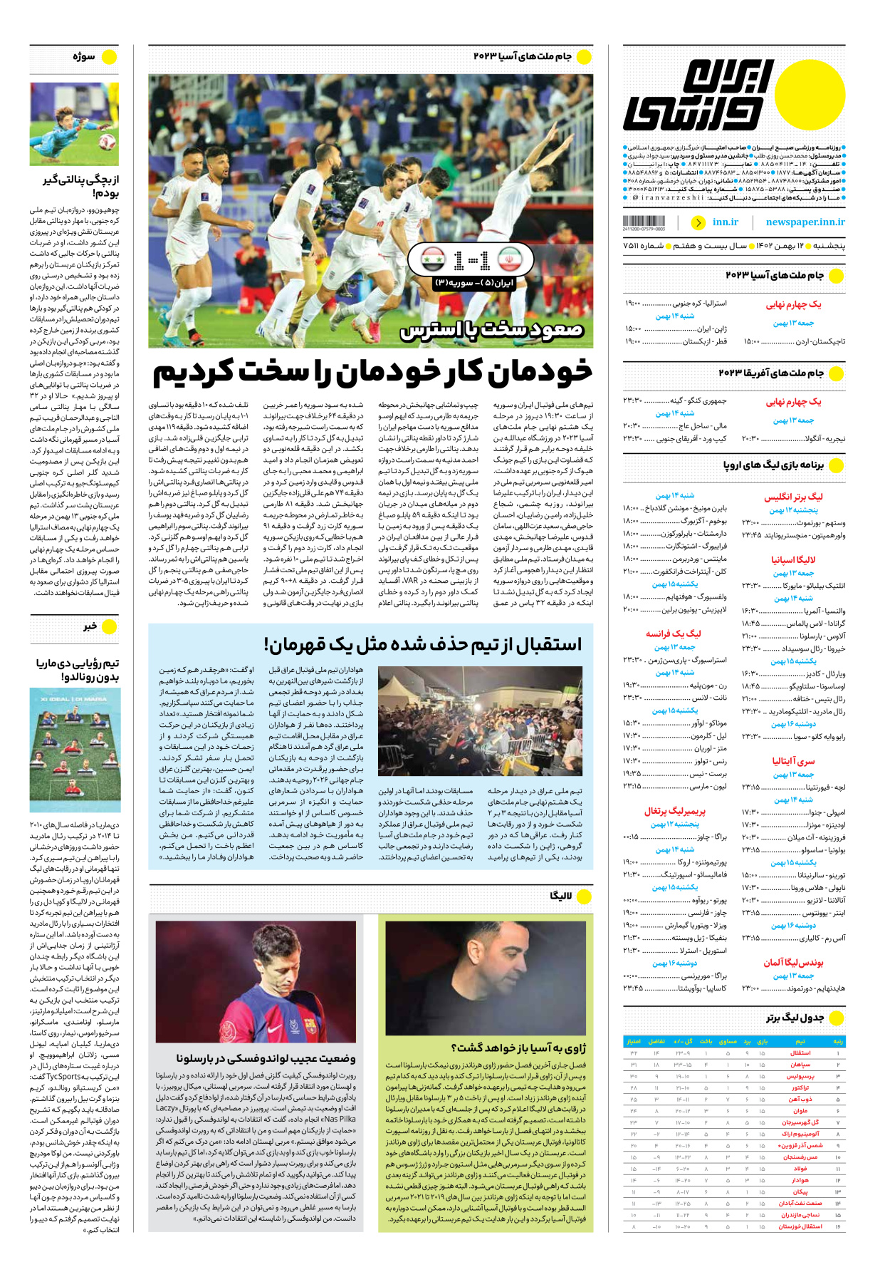 روزنامه ایران ورزشی - شماره هفت هزار و پانصد و یازده - ۱۲ بهمن ۱۴۰۲ - صفحه ۱۲