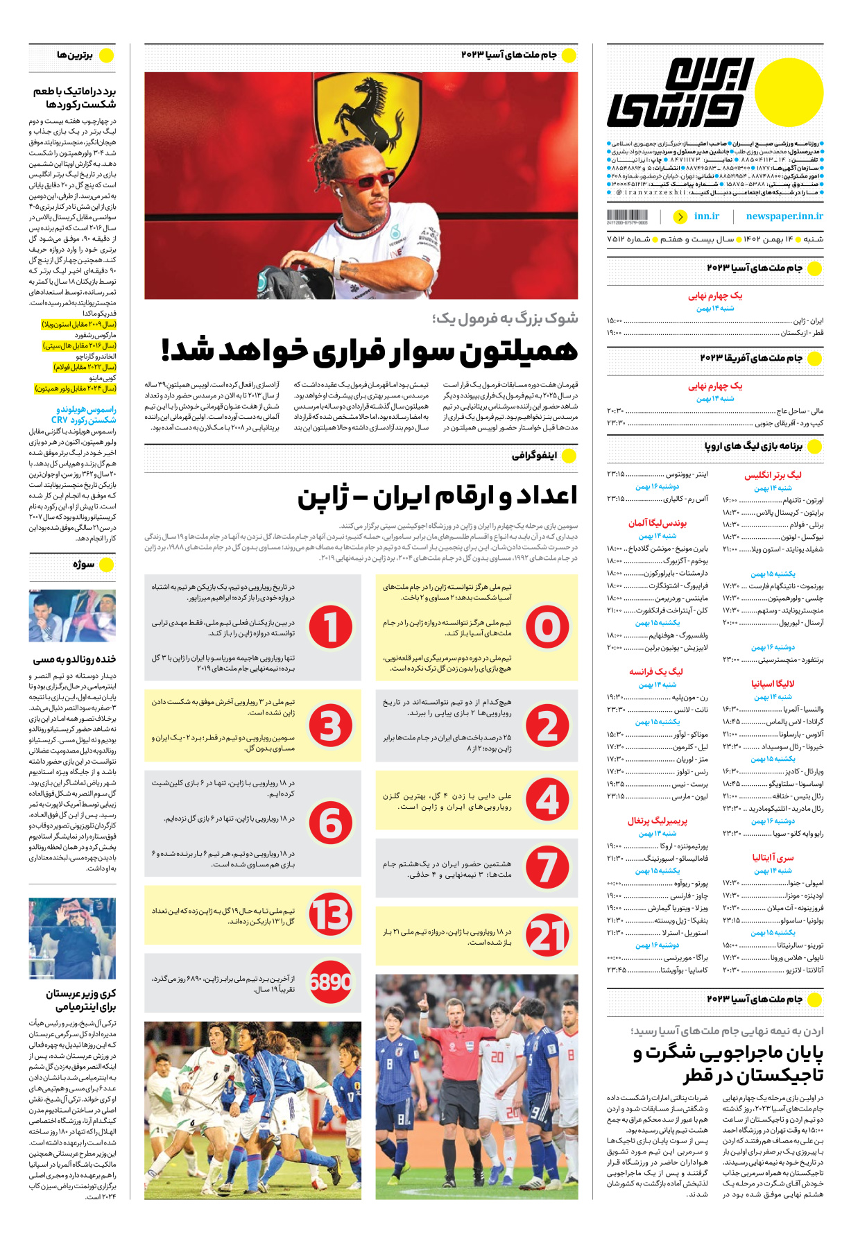 روزنامه ایران ورزشی - شماره هفت هزار و پانصد و دوازده - ۱۴ بهمن ۱۴۰۲ - صفحه ۱۲