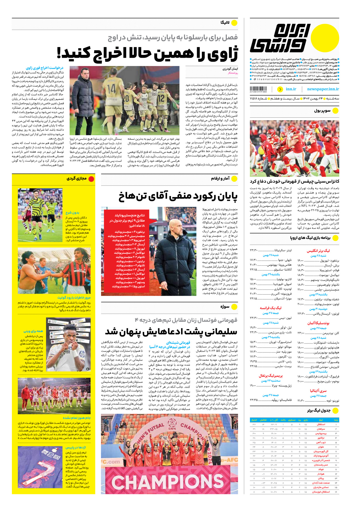 روزنامه ایران ورزشی - شماره هفت هزار و پانصد و هجده - ۲۴ بهمن ۱۴۰۲ - صفحه ۱۲