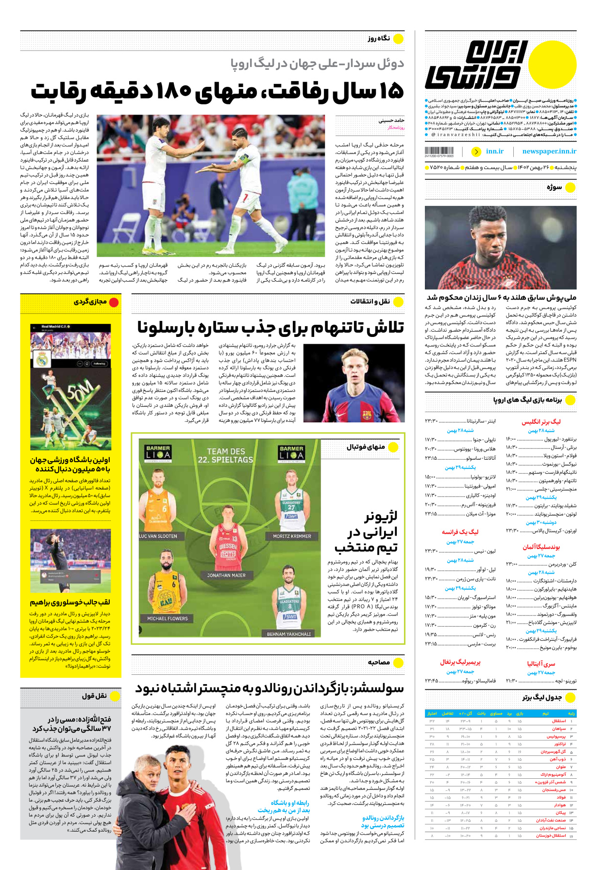 روزنامه ایران ورزشی - شماره هفت هزار و پانصد و بیست - ۲۶ بهمن ۱۴۰۲ - صفحه ۱۲